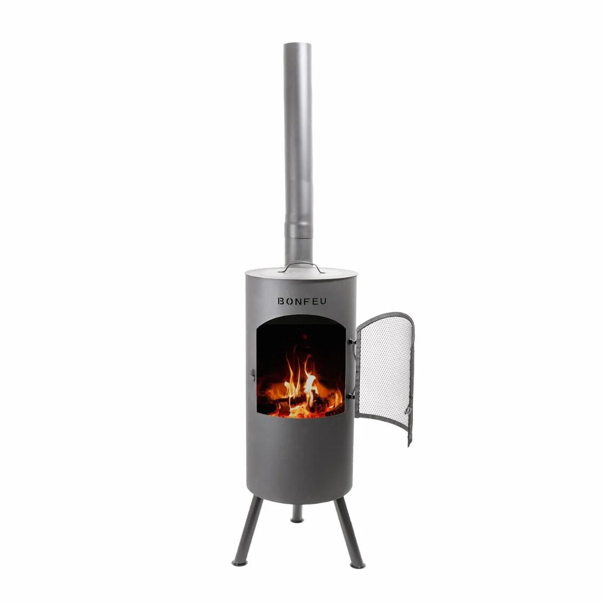 BonFeu BonTino LP Schwarz - Terrassenofen - Feuerstelle mit Funkenschutz für entspannte Abende - Feuersäule Outdoor - Terrassenkamin mit Grillrost - Gartenofen hochwertigem Cortenstahl - 35x35x153cm