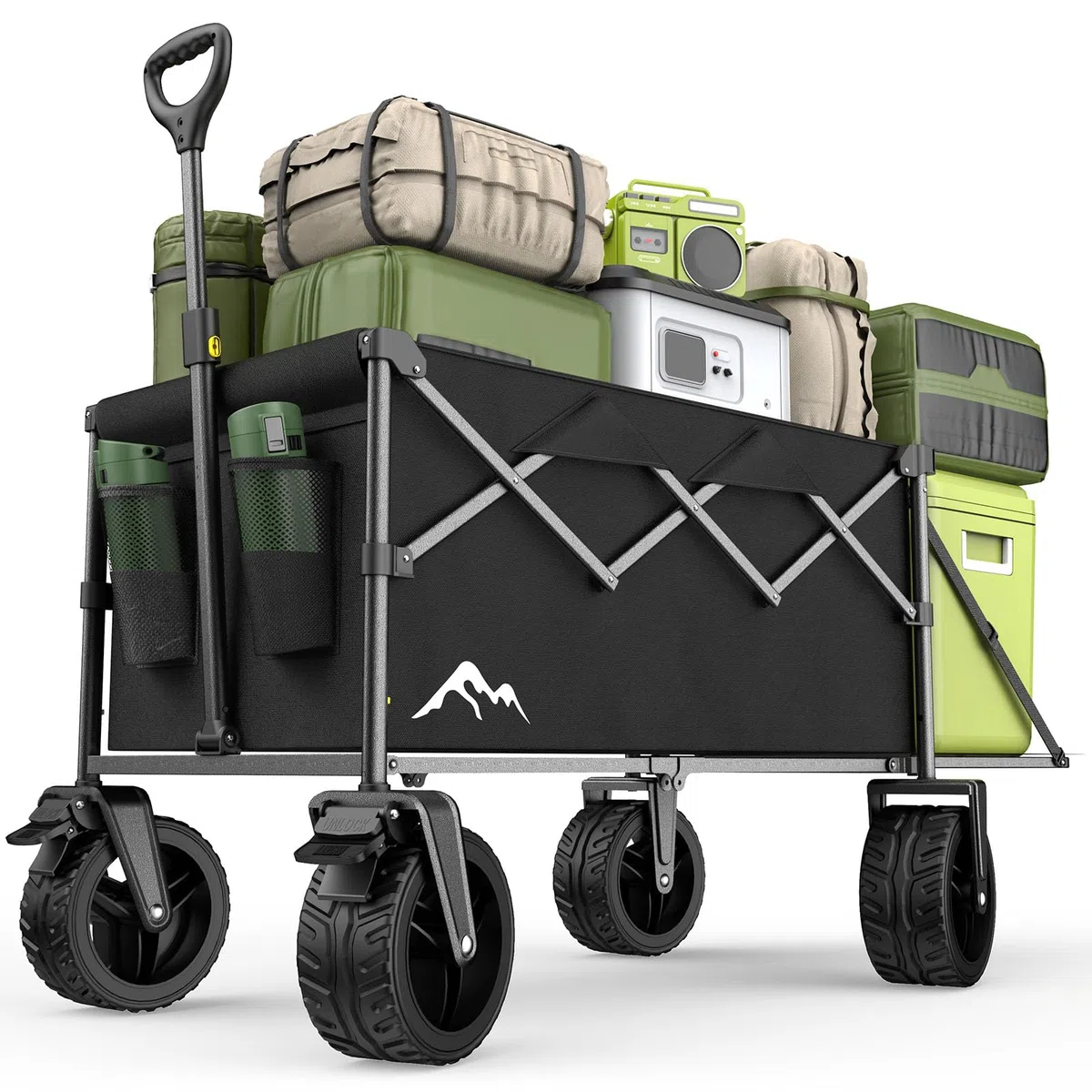 XXXL Bollerwagen Faltbar 300L mit Verstellbarer Heckklappe, 200 KG Belastbar, 360°-Schwenkbare All-Terrain-Räder & Doppelbremsen, Verstellbarer Griff & 2 Netztaschen，Strand/Wanderung/Camping/Einkauf