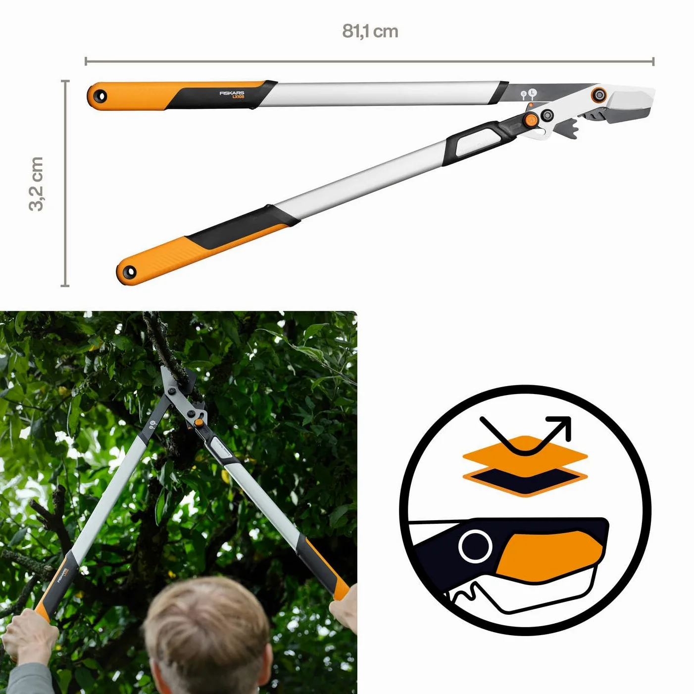 Fiskars X-series DualAction Astschere Bypass LX108, 2-in-1-Modus für schnelle oder kraftvolle Schnitte, Antihaftbeschichtete Stahlklingen/Leichte Aluminiumarme mit SoftGrip, Schwarz/Orange, 1080133