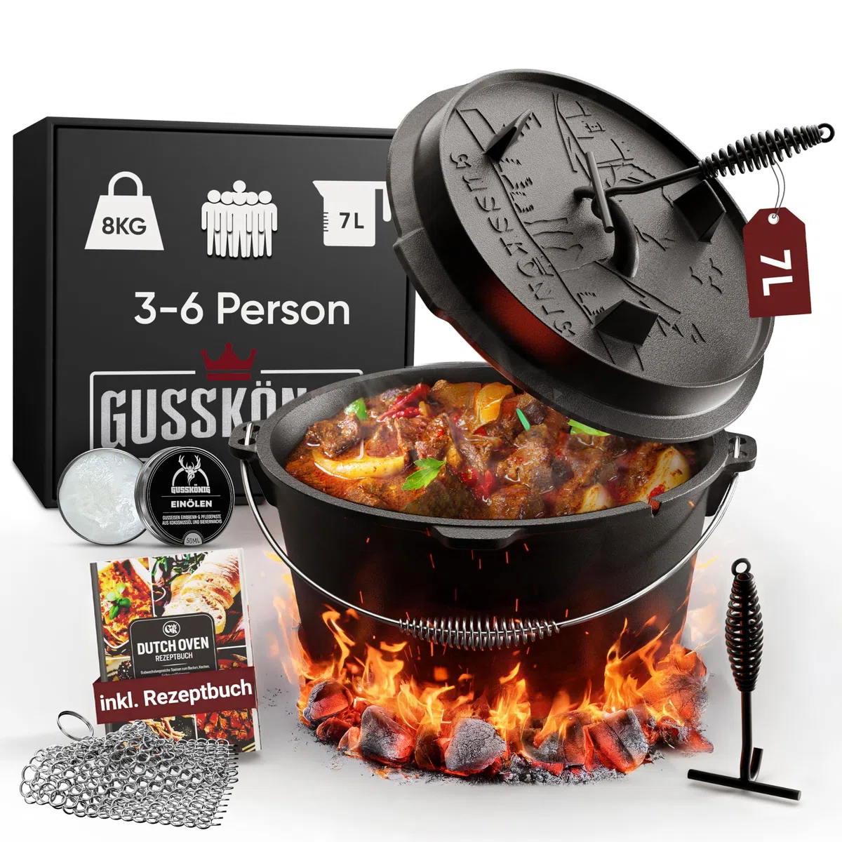 GUSSKÖNIG Essential Line Dutch Oven Set [für 3–6 Personen] – 5,5L Topf & 1,5L Deckel, eingebrannter Feuertopf mit Füßen, inkl. Deckelheber, Ringreiniger, Pflegepaste & Rezeptbuch – 30 Jahre Garantie