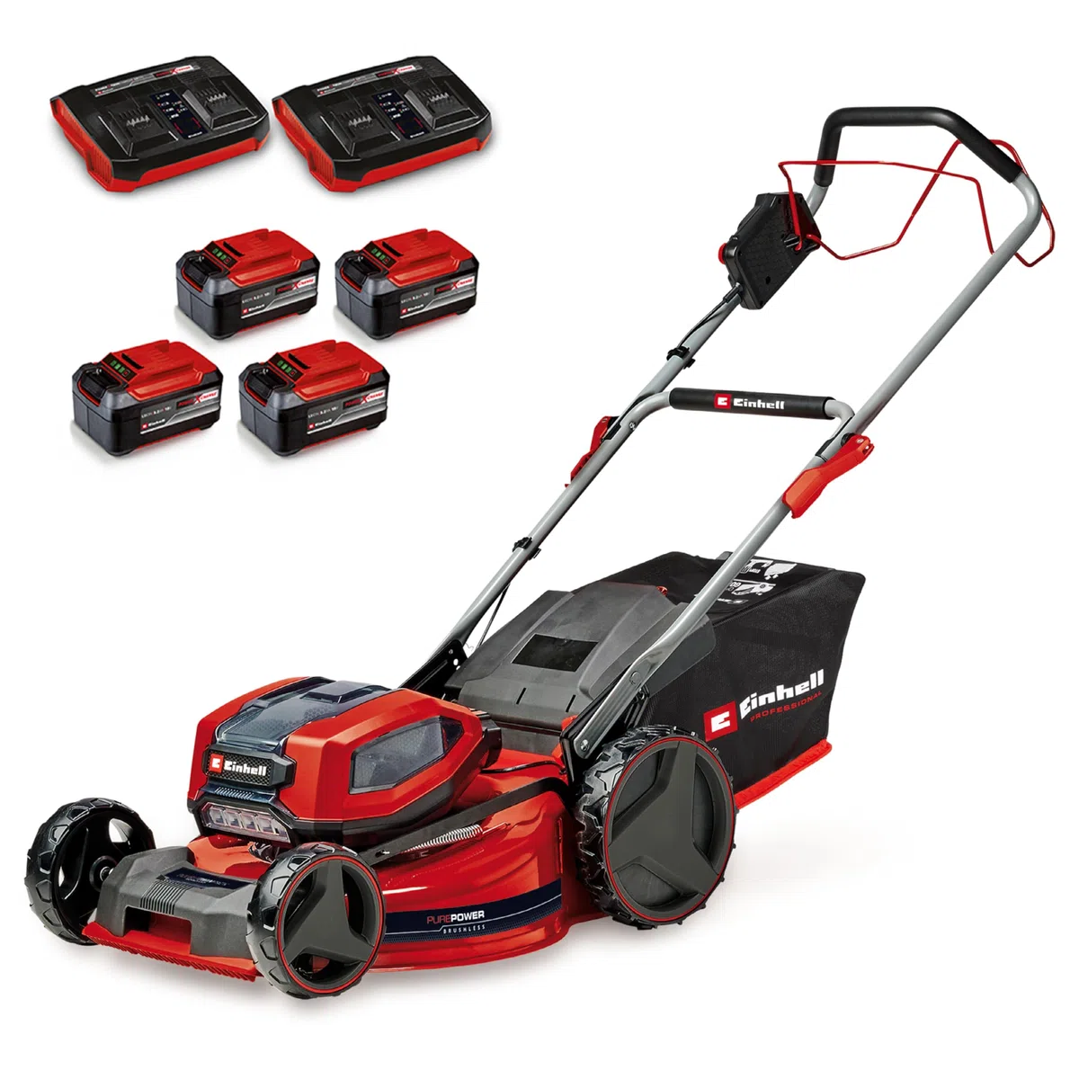 Einhell Akku-Rasenmäher GP-cm 36/52 S Li BL Kit Power X-Change (36 V, 52 cm Schnittbreite, bis 1200 m², Brushless, 65 L Fangkorb, Radantrieb, inkl. 4X 5,2 Ah + 2X Twincharger)