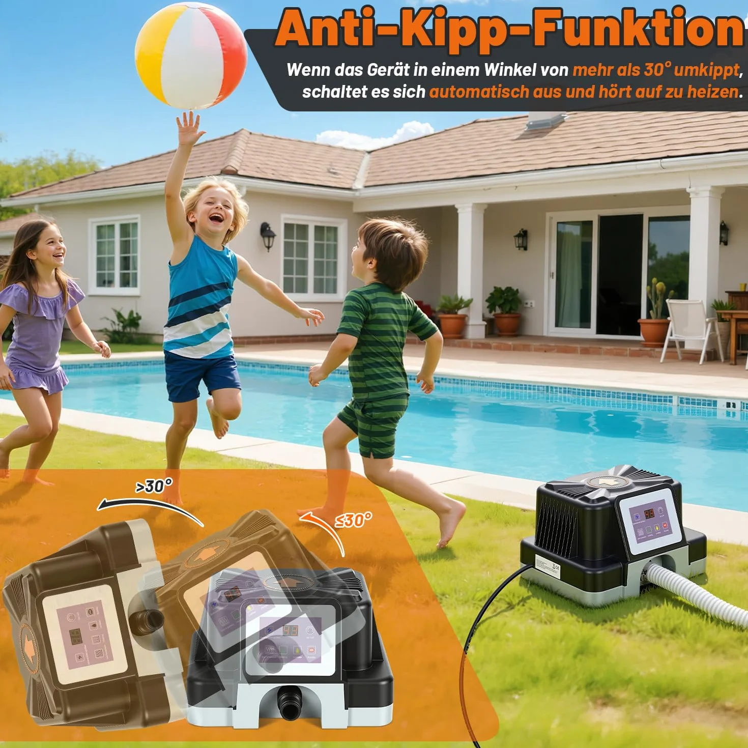 Poolheizung, 3KW Poolheizung Elektrisch mit FI-Schutz & Kippschutz, Digitalanzeige, Wasserdichtes Gehäuse, für Oberirdische Pools bis 3 m³, 32-38 mm Anschluss