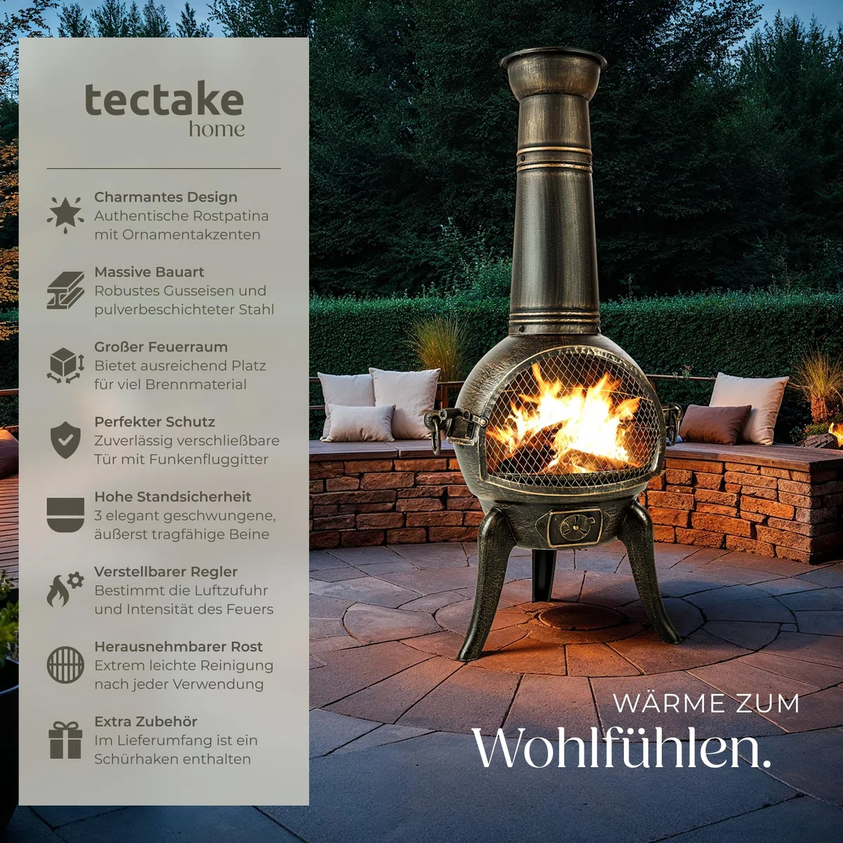 tectake® Vintage Outdoor Terrassenofen, Gartenofen aus Gusseisen, Raketenofen, Aztekenofen mit Funkenschutz, Grill Rost und Schürhaken, Gartendeko Kamin, Deko für Terrassen oder Balkon, Kaminofen