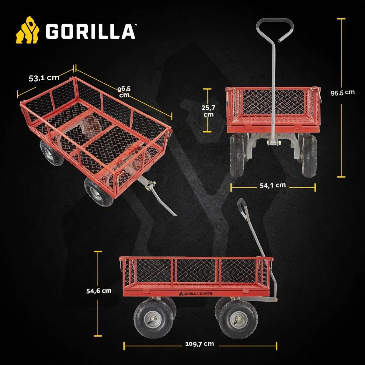 Gorilla Wagen, 362,9 kg Kapazit�t, robust, Robustes Stahlgeflecht, wandelbar, Flachbett, Garten, Outdoor, Transport, Nutzfahrzeug, Wagon, schwarz