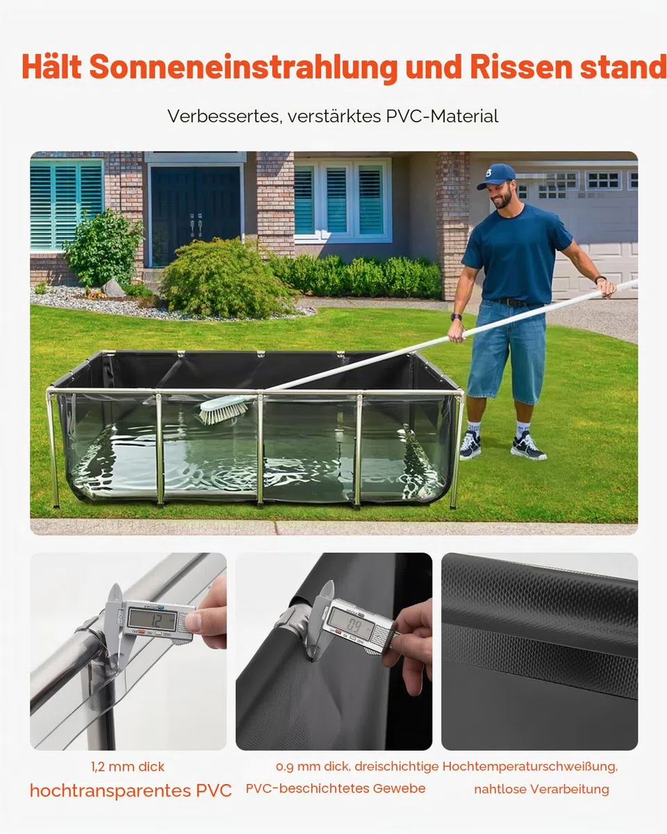 VEVOR Fischteich aus Segeltuch, 1781,3 L Fischtank, PVC-Koi-Tank mit transparentem Sichtfenster, Aquarium mit Edelstahlrahmen & Ablassventil, für Zucht von Koi, Goldfisch (schwarz)