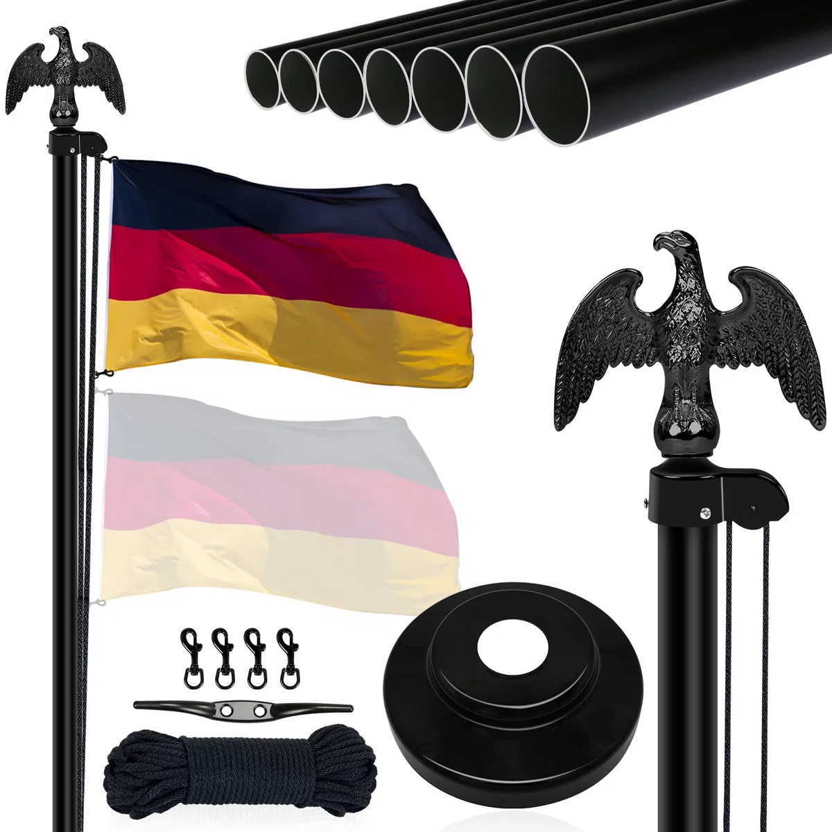 NQ Fahnenmast 6M stabil, 20FT Aluminium Fahnenmast höhenverstellbar, Fahnenstange Set für Außenbereich, Deutscher Fahnenmast(Schwarz)
