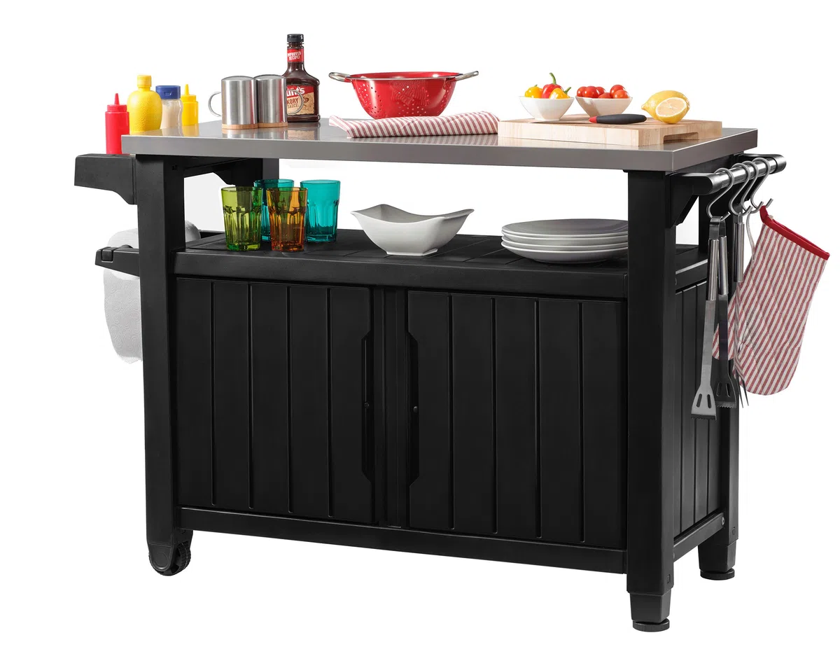 Koll Living Grilltisch/Beistelltisch XXL - Edelstahlplatte - Witterungsbeständig - Holzoptik - Modell 2024 - Nur bei Uns !