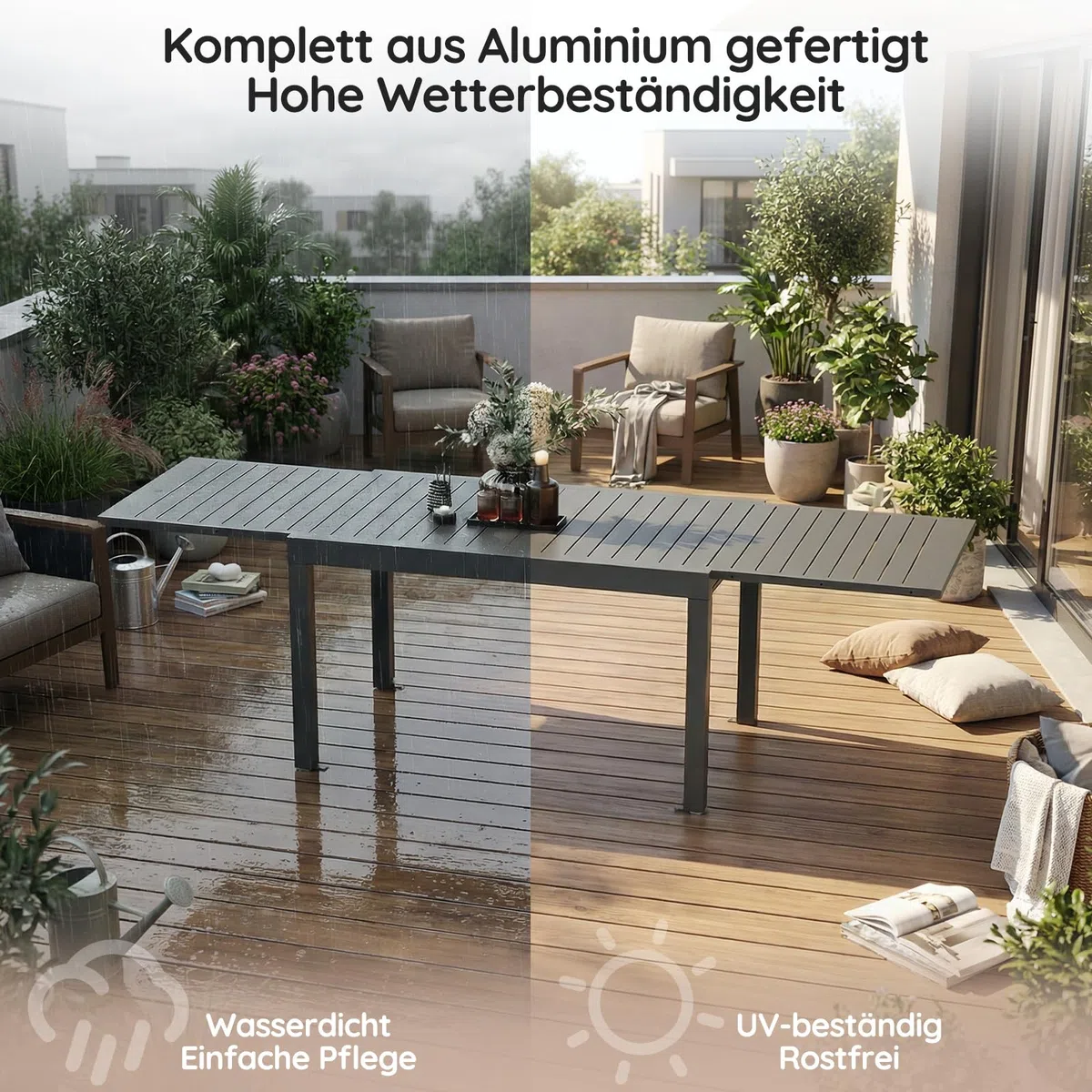 Devoko Esstisch Ausziehbar，80/160 x 75cm Gartentisch Ausziehbars, Aluminium Balkon Ausziehtisc, Gartentisch Wetterfest,ausziehbar auf 160cm, Outdoor Esstisch, Dunkelgrau