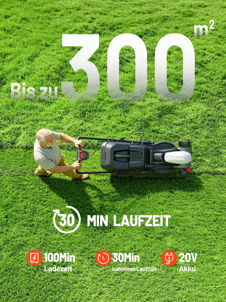 Litheli Akku Rasenmäher mit Akku 5,0Ah, 33cm Schnittbreite, Rasenmäher Elektro Brushless, 25–65 mm, 35L Fangkorb, bis 300 m²