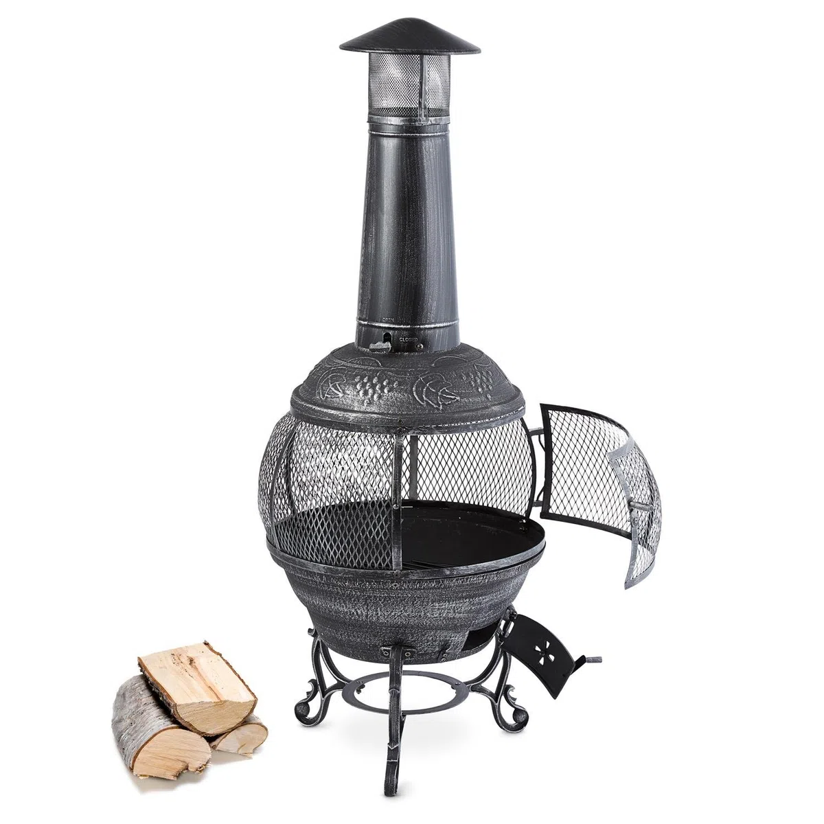 Blumfeldt Flavius, Feuerstelle, Gartenofen, Gartenkamin, Terrassenofen, Aztekenofen, Gusseisen, 360° Rundum-Gitter, Funkenschutz, antikes Design, Zugluftklappe, Eisenverzierungen, Altsilber