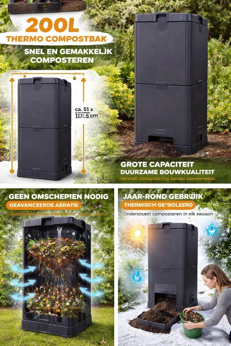 Aerobin 200L Isolierter Komposter Heißkomposter für Garten und Küchenabfälle Außen Kunststoff Kompostbehälter mit Internem Belüftungssystem Kein Umsetzen Ganzjährige Nutzung Schwarz
