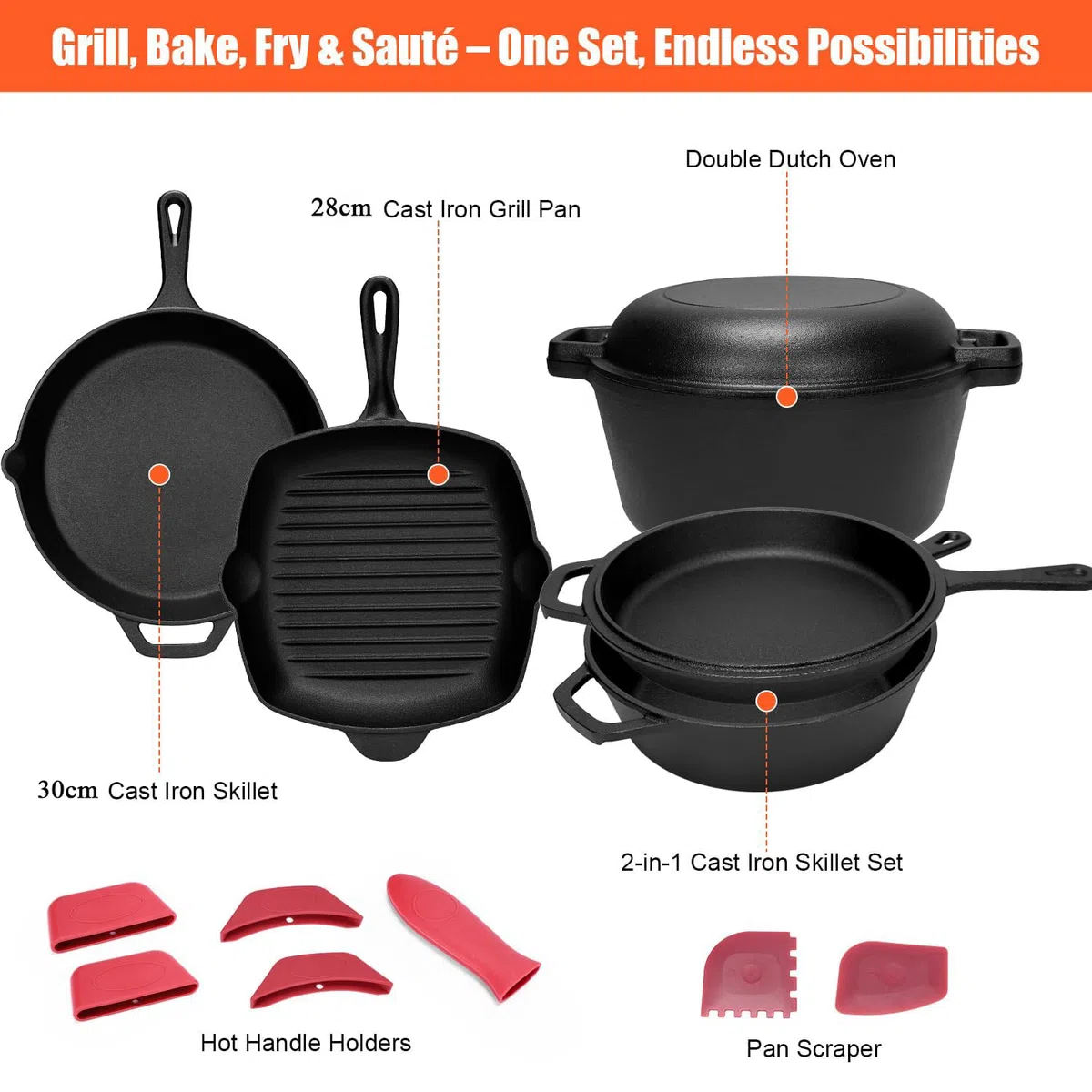 GFTIME Gusseisen Kochgeschirr Set 6-teilig mit 5 QT Dutch Oven & Deckel, 3,2 QT Schmortopf mit 1,6 QT Pfannen-Deckel, 28 cm Grillpfanne, 30,5 cm Bratpfanne, für Herd, Backofen, Grill & Camping