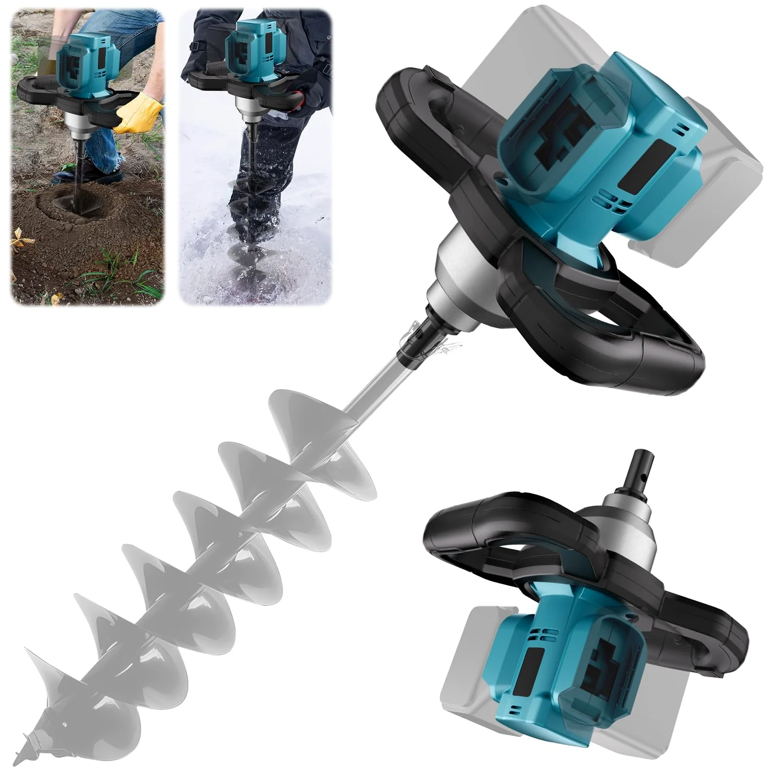 Akku Erdbohrer Kompatibel mit Makita 18V, 1200W Bürstenloser Motor Erdlochbohrer Professional Pfahlbohrer, für Zaunbau, Garten, Mörtelrührer (Ohne Batterie & Spiralkopf)