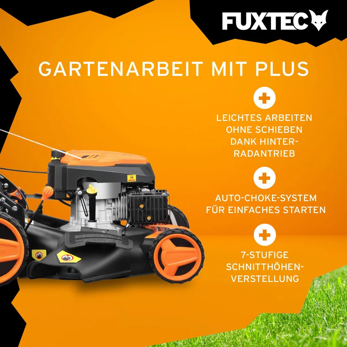 FUXTEC 4in1 Benzin Rasenmäher FX-RM5196 • 6 PS • 196 CCM 4-Takt Motor • Rasenmäher mit Antrieb & 51 cm Schnittbreite • Mulchmäher mit Seitenauswurf • 60L Fangkorb • EasyClean