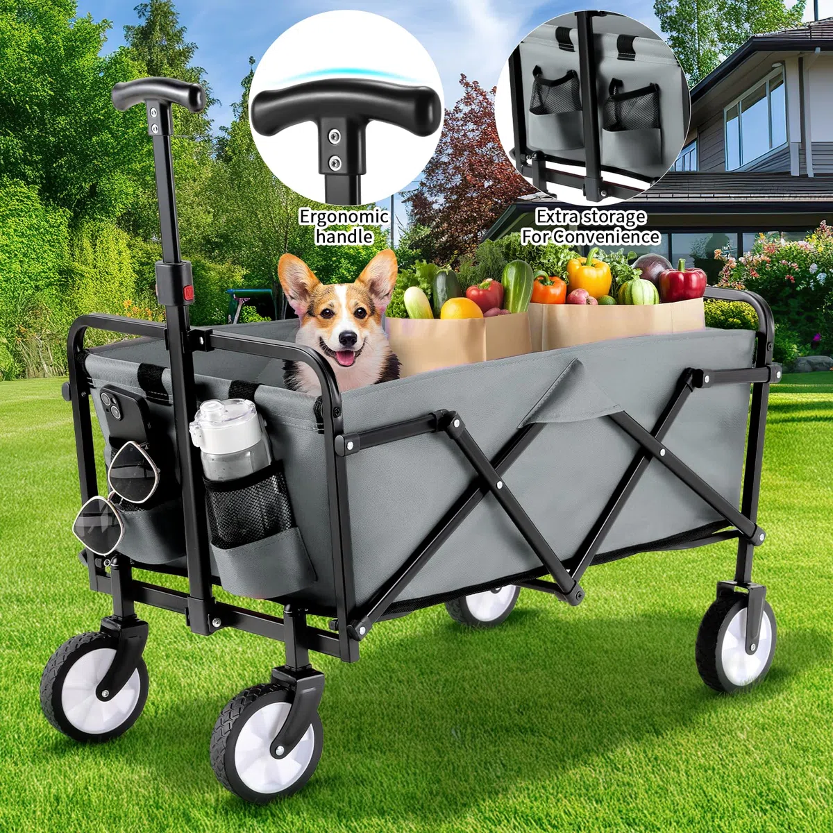 Bollerwagen Faltbar Handwagen All Terrain Räder, Gartenwagen mit Getränkehalter verstellbarem Griff, Transportwagen Klappbar Strandwagen, Gartenkarre, Einkaufswagen, Camping (Grau)