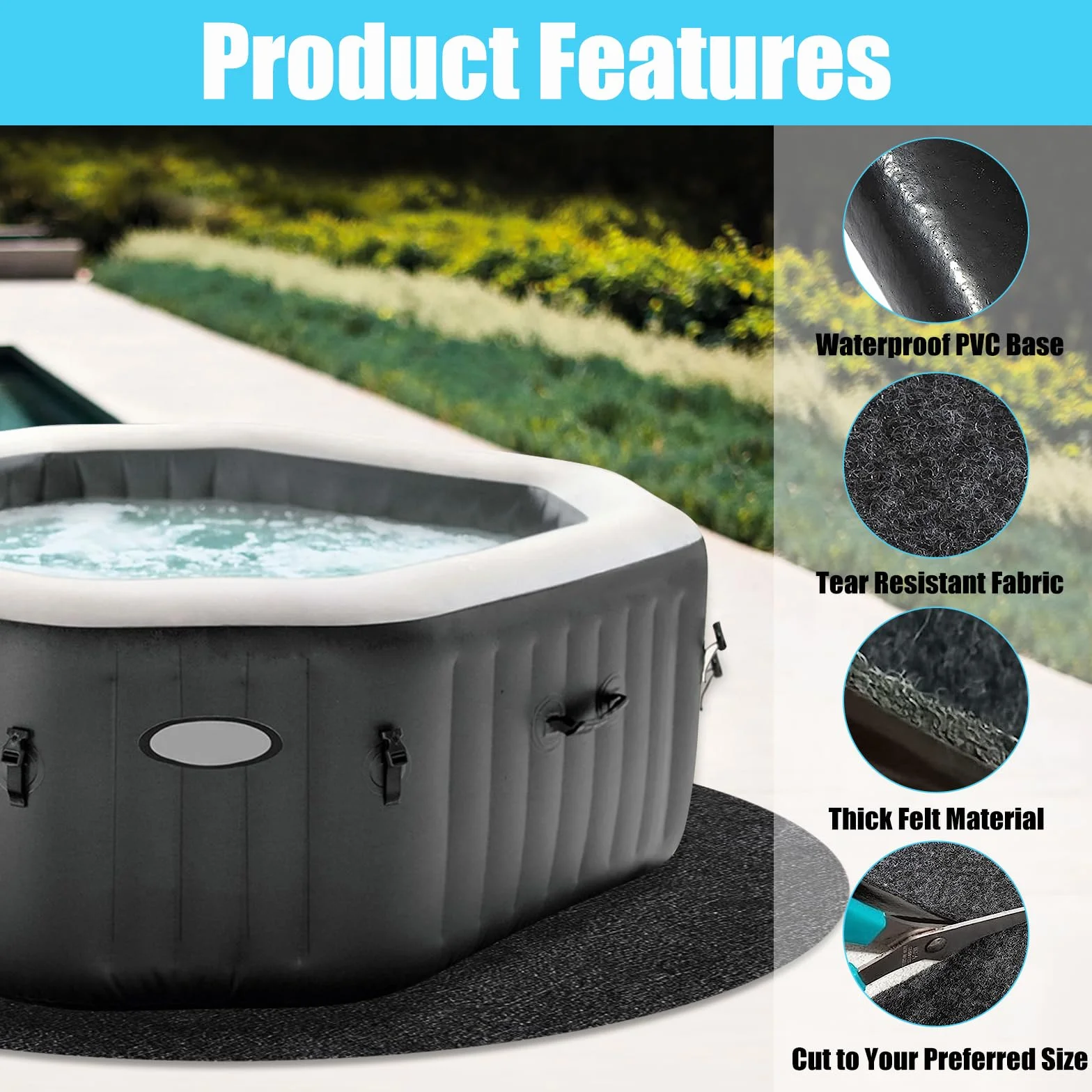 Whirlpool Matte, Anti-Rutsch Wasserdichtes Pool Unterlage, Wiederverwendbare Schwimmbad Bodenplane, Hot Tub Bodenschutz, Waschbare Bodenmatten für Schwimmbecken Whirlpool (Round 200cm)