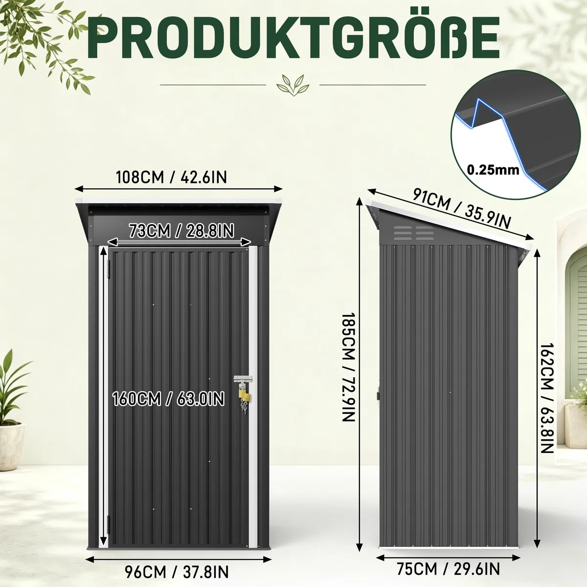 LZQ Gerätehaus Metall Gartenhaus Geräteschuppen wetterfest abschließbar, Stahl Gartenschuppen mit Pultdach, Werkzeugschuppen inkl Arbeitshandschuhe für Garten, Hof & Lager, Schwarz 96 x 75 x 185 cm