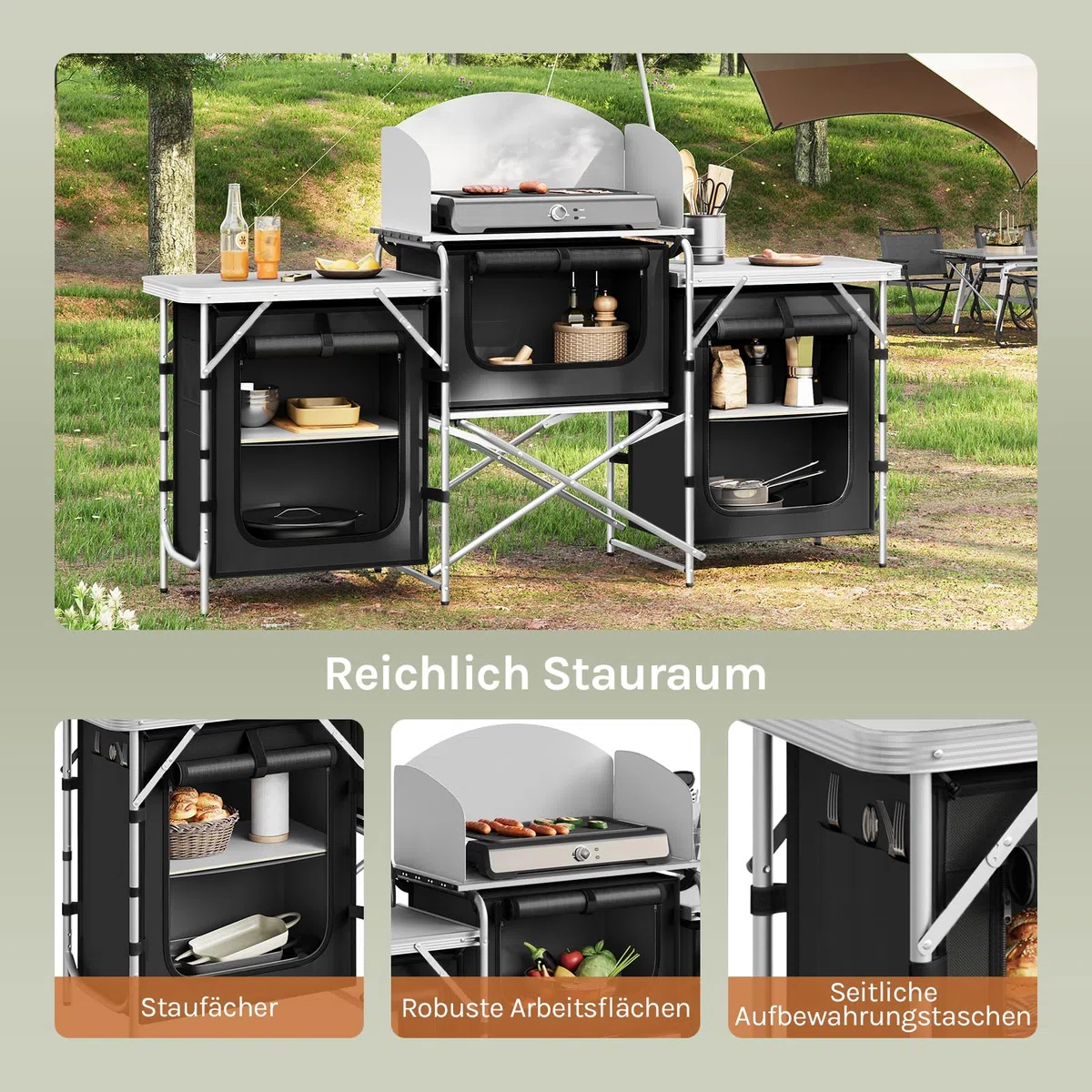 WOLTU Campingküche, Campingschrank faltbar, Outdoor Küche mit Arbeitsplatten Staufächern, Camping Tisch, Reiseküche, inkl. Tragtasche, Aluminium MDF, Schwarz