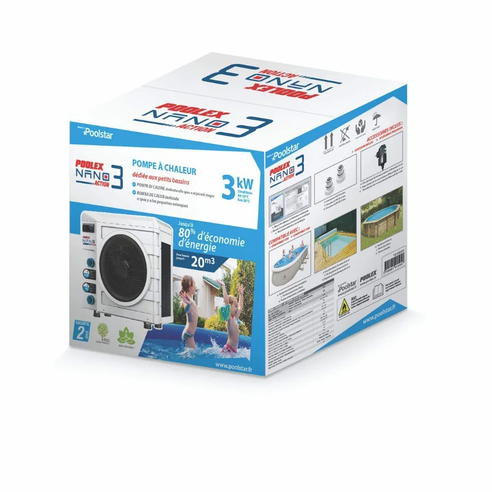 N NETSPA Poolex Nano Action 3 Poolstar PC-Nano-A3 – Wärmepumpe für kleine Aufstellpools – Verbrauch von 600 W – Volumen des Beckens von 10 bis 21 m³, Weiß, Kind