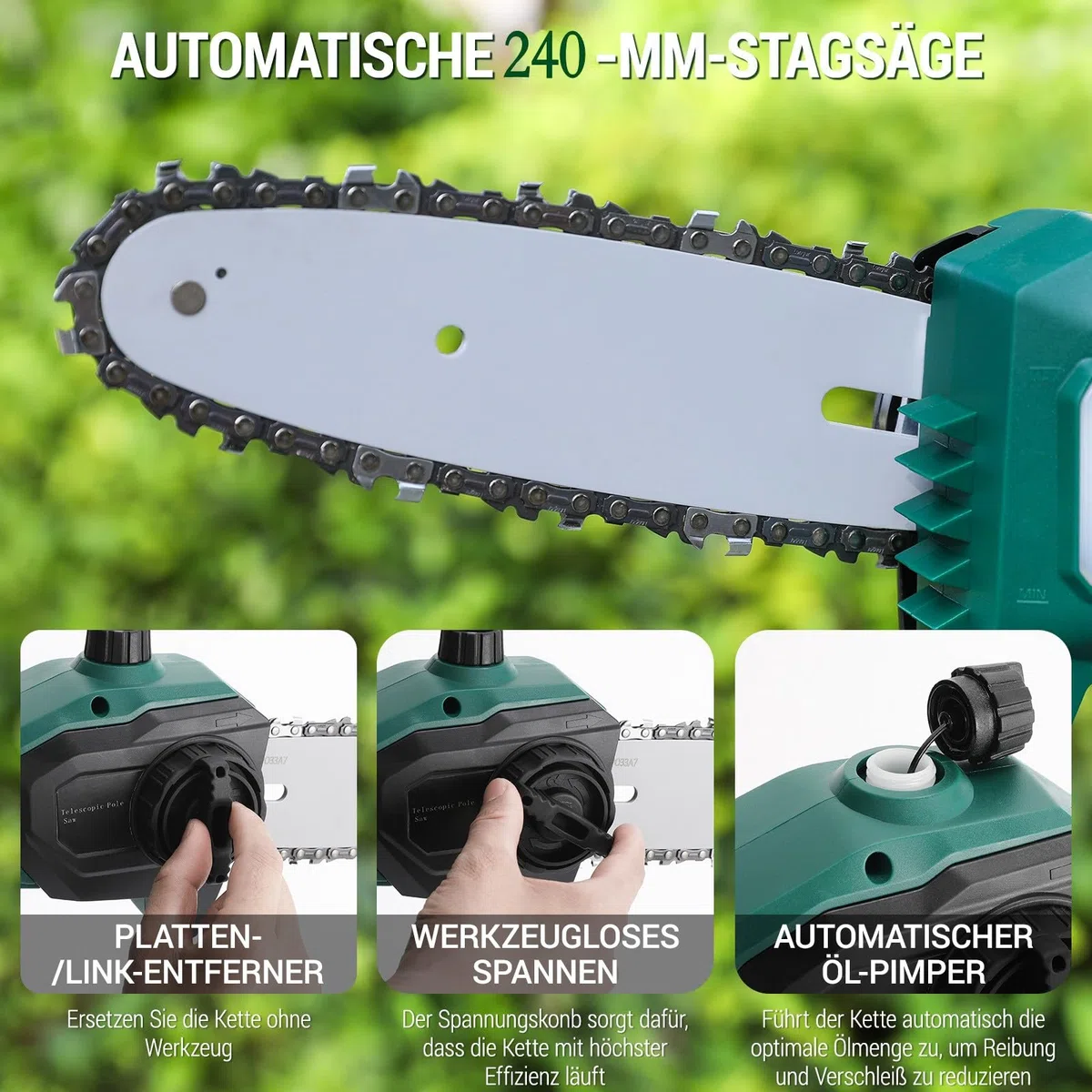 Hochentaster, Elektro Hochentaster, Elektro Teleskop Astsäge, mit 20V 2,5Ah Li-Ion Akku/Schnelles Ladegerät, 6 m/s Kettengeschwindigkeit, 24cm Schwertlänge, Aluminiumstange, Leicht