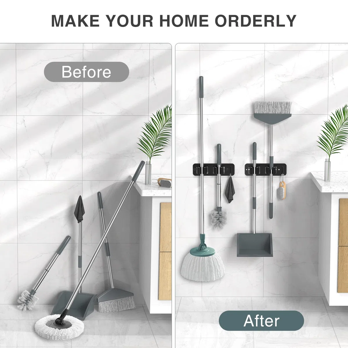 homeasy Besenhalterung Wand 2 Stück Besenhalter Selbstklebend Edelstahl Gerätehalter Ohne Bohren Mop Halter Werkzeughalter Organizer mit Haken und 2 Halter für Küche Badezimmer Garten Balkon