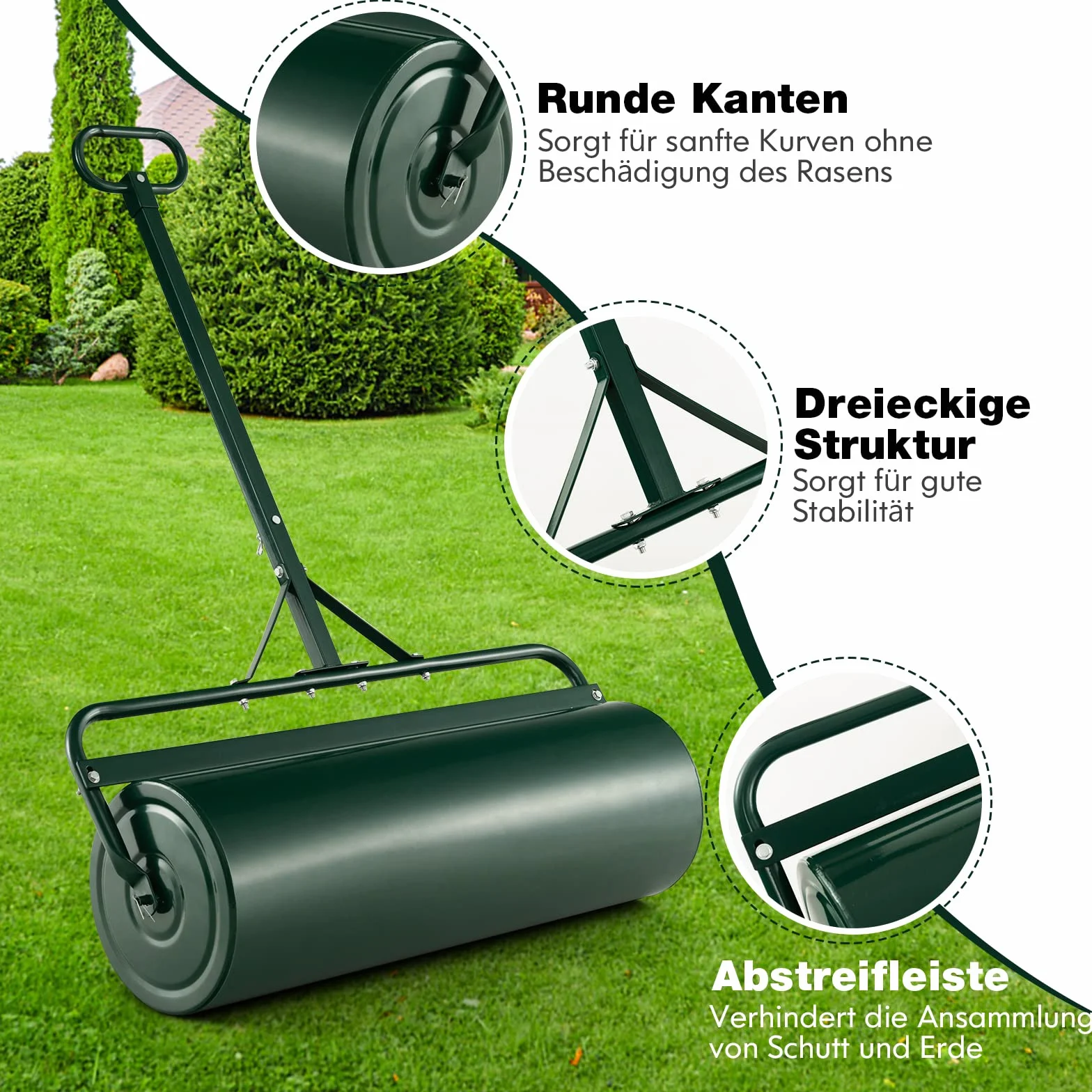 FANTASK Ø 30CM Rasenwalze Metall, Handwalze mit Griff 63 L, Schwerlasttrommel Graswalze befüllbar mit Wasser & Sand Gartenwalze, Trommel Rasenroller
