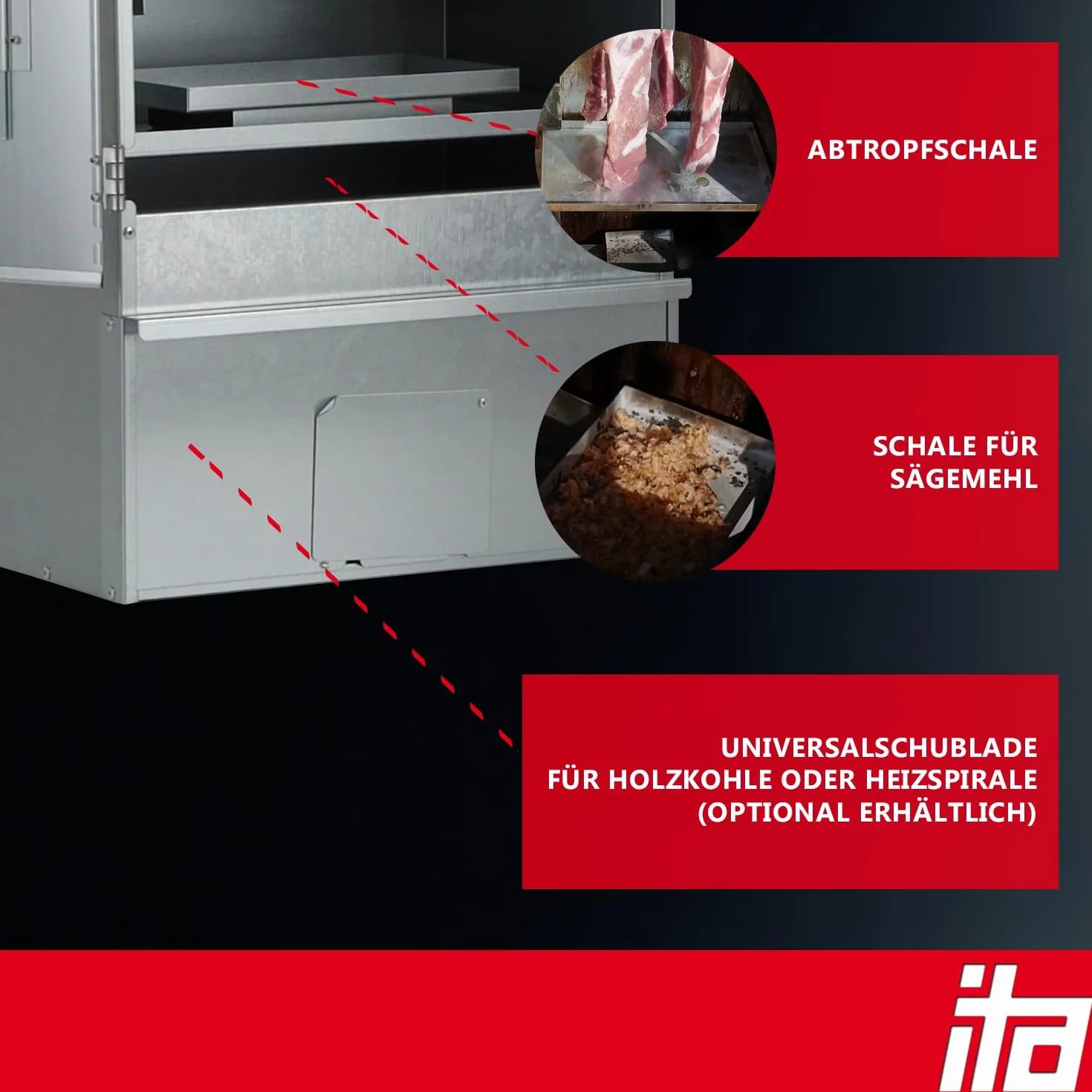 ITA Elektrischer Räucherofen 7003 - Smoker Set mit Heizung, Rauchgenerator - XL Räucherschrank mit Thermometer - Legierter Stahl - EU Qualität, Direkt vom Hersteller - 111 cm mit 4 Etagen