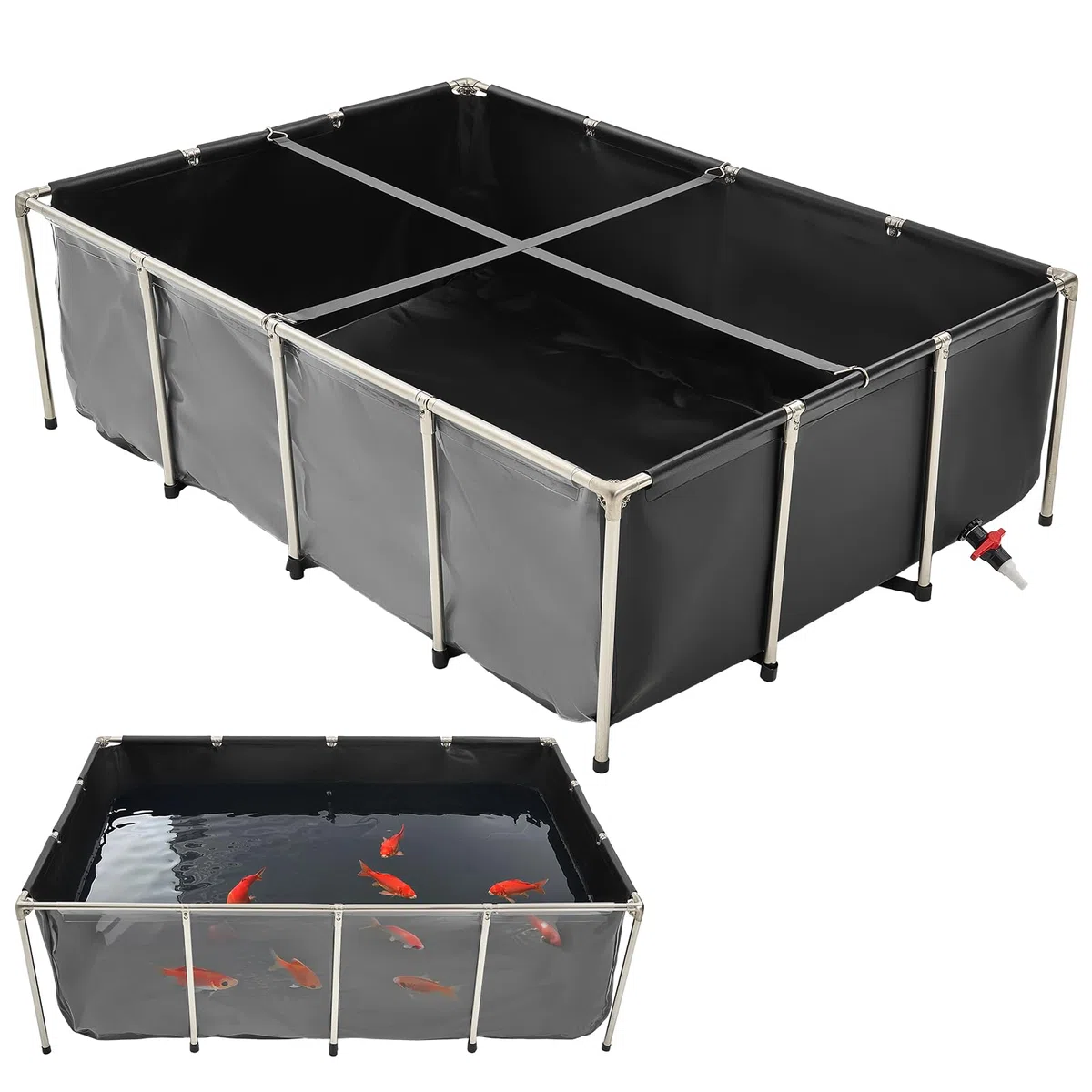 VEVOR Fischteich aus Segeltuch, 1781,3 L Fischtank, PVC-Koi-Tank mit transparentem Sichtfenster, Aquarium mit Edelstahlrahmen & Ablassventil, für Zucht von Koi, Goldfisch (schwarz)