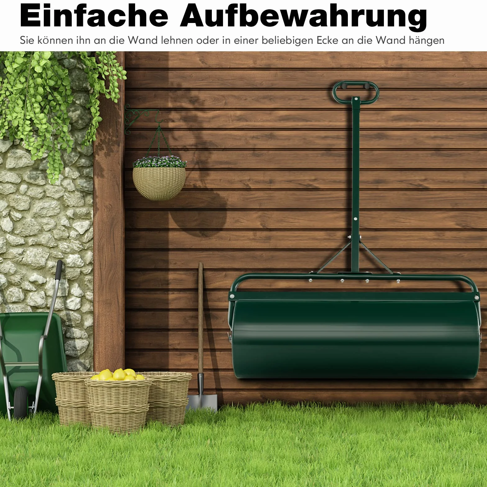 FANTASK Ø 30CM Rasenwalze Metall, Handwalze mit Griff 63 L, Schwerlasttrommel Graswalze befüllbar mit Wasser & Sand Gartenwalze, Trommel Rasenroller