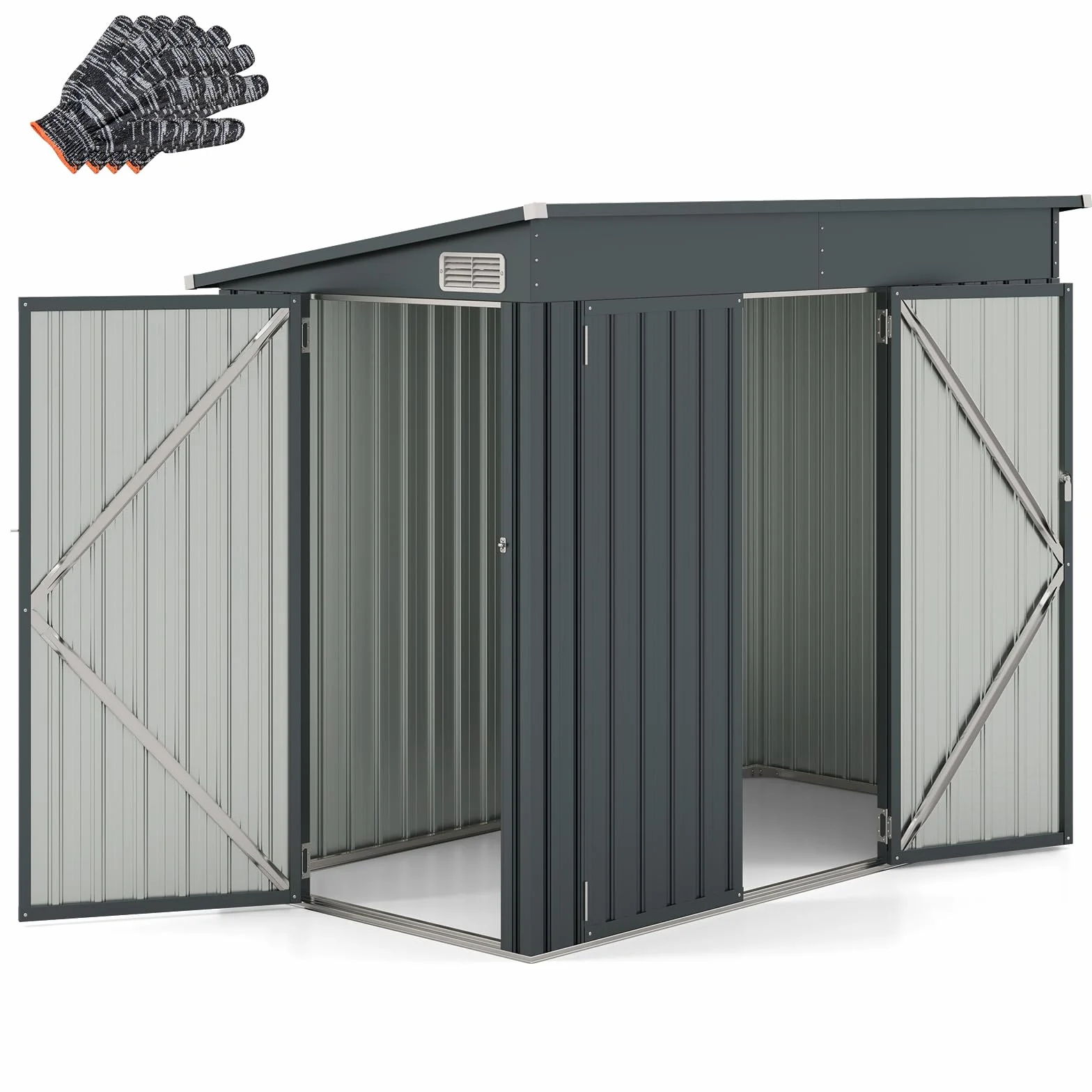 COSTWAY Gartenhaus Metall, 235 x 117 x 185 cm, Gerätehaus mit Vordertür & Seitentür & Pultdach, Geräteschuppen abschließbar, Gartenhütte Gartenschuppen, Garten Schuppen Outdoor (Dunkelgrau)