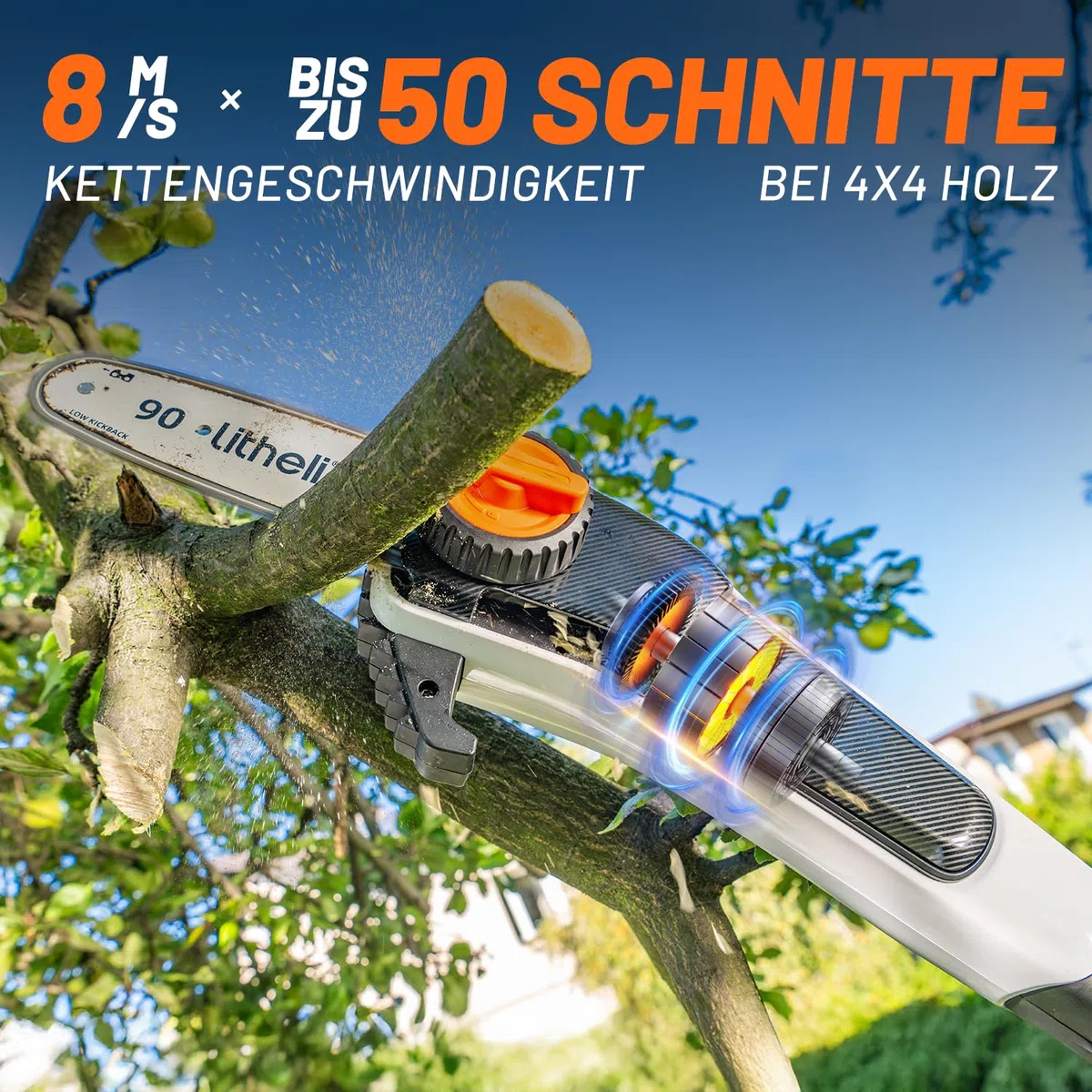 Litheli Hochentaster Akku, Astsäge Teleskop Akku zum Schneiden und Beschneiden von Ästen (2 x 2,0Ah, 8 m/s Kettengeschwindigkeit, 20 cm Schwertlänge, 140 ml autom. Kettenschmierung, Zubehör)
