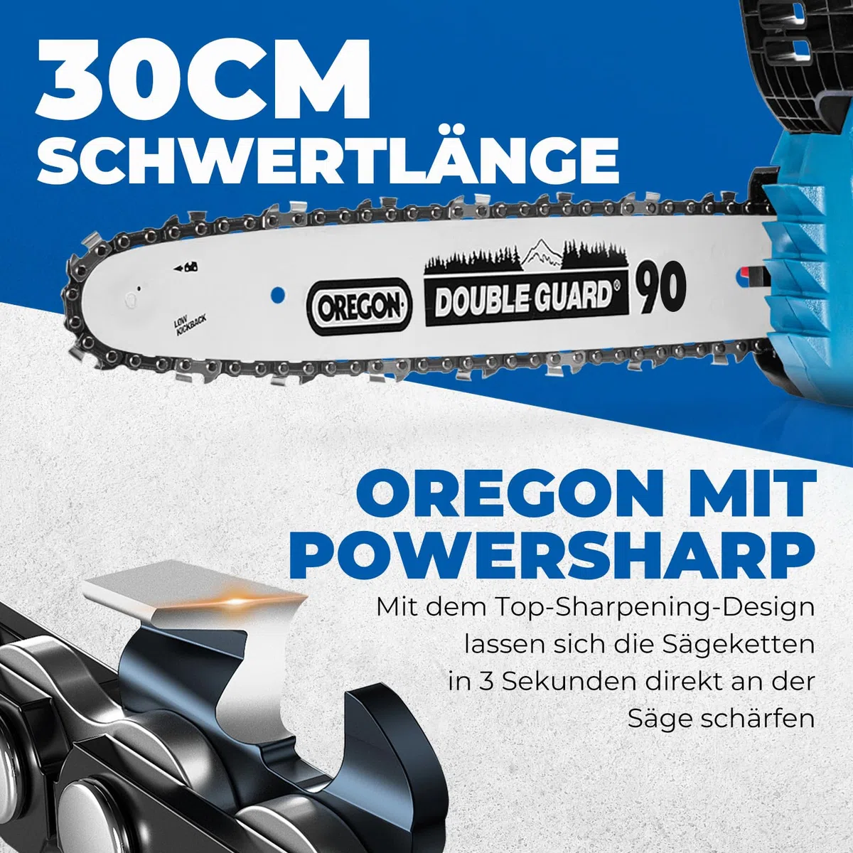 DongCheng Akku Kettensäge 20V, bürstenloser Motor, 12 m/s Kettengeschwindigkeit, 30cm OREGON-schwert/-kette, werkzeuglose Kettenspannung, automatische Kettenschmierung, inkl. 2x4,0 Akku & Ladegerät