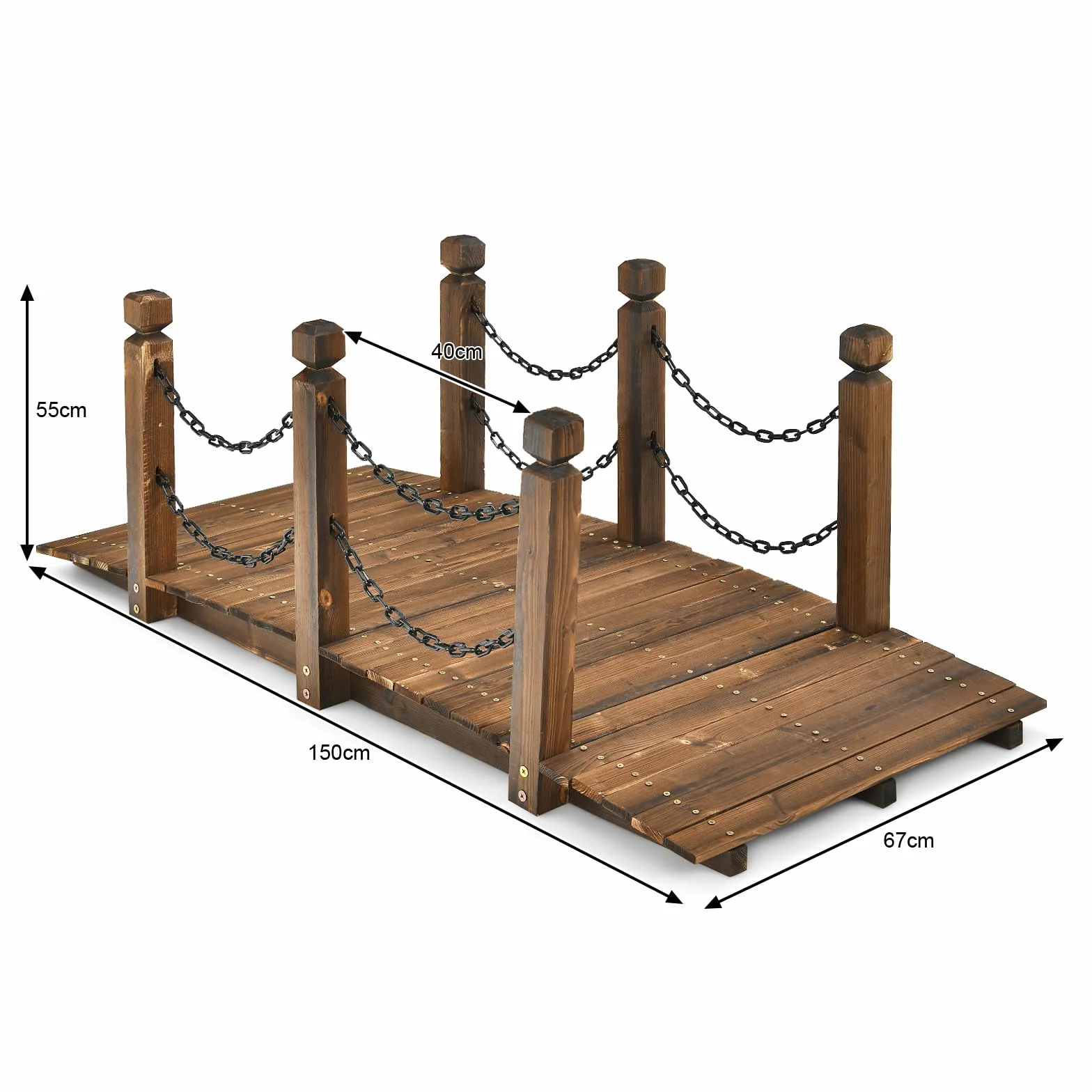 GOPLUS Holzbrücke aus Fichtenholz, 150 x 67cm x 55cm Teichbrücke bis 180 kg belastbar, Gartenbrücke mit Geländer & Ketten, Brücke für Garten Park Hinterhof