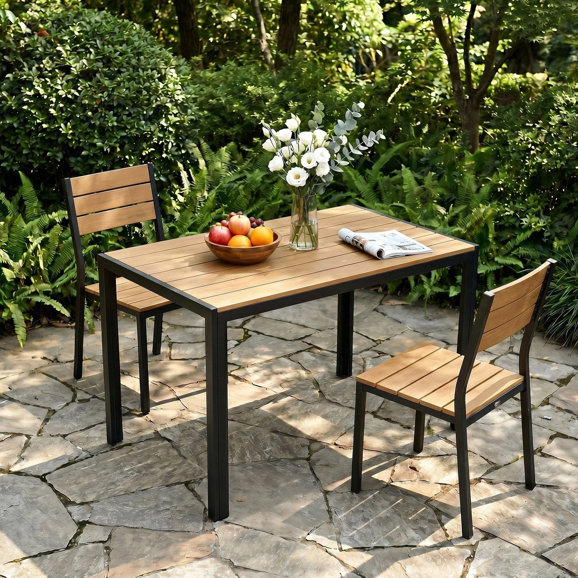 LIFERUN Gartentisch Aluminium, 110x70cm WPC Balkontisch Wetterfest, Rechteckiger Terrassentisch, Rutschfester Esstisch Outdoor, Brettbreite 9cm, Teakbraun