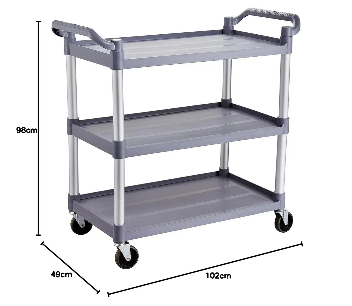 Servierwagen Kunststoff mit Rollen - 3 Böden - Tragfähigkeit 50 kg pro Boden - 102 x 49 x 98 cm - Transportwagen, Küchenwagen, Abräumwagen, Teewagen