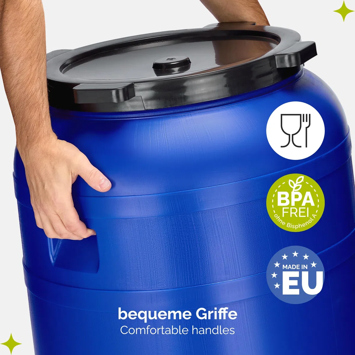 Garronda 250 Liter Weithalsfass BPA-frei Futtertonne Fass Universalfass Lebensmittel Fass Regenfass für Garten Regentonne mit Deckel Regenwassertonne für Garten Wassertonne GD-0093 Blau
