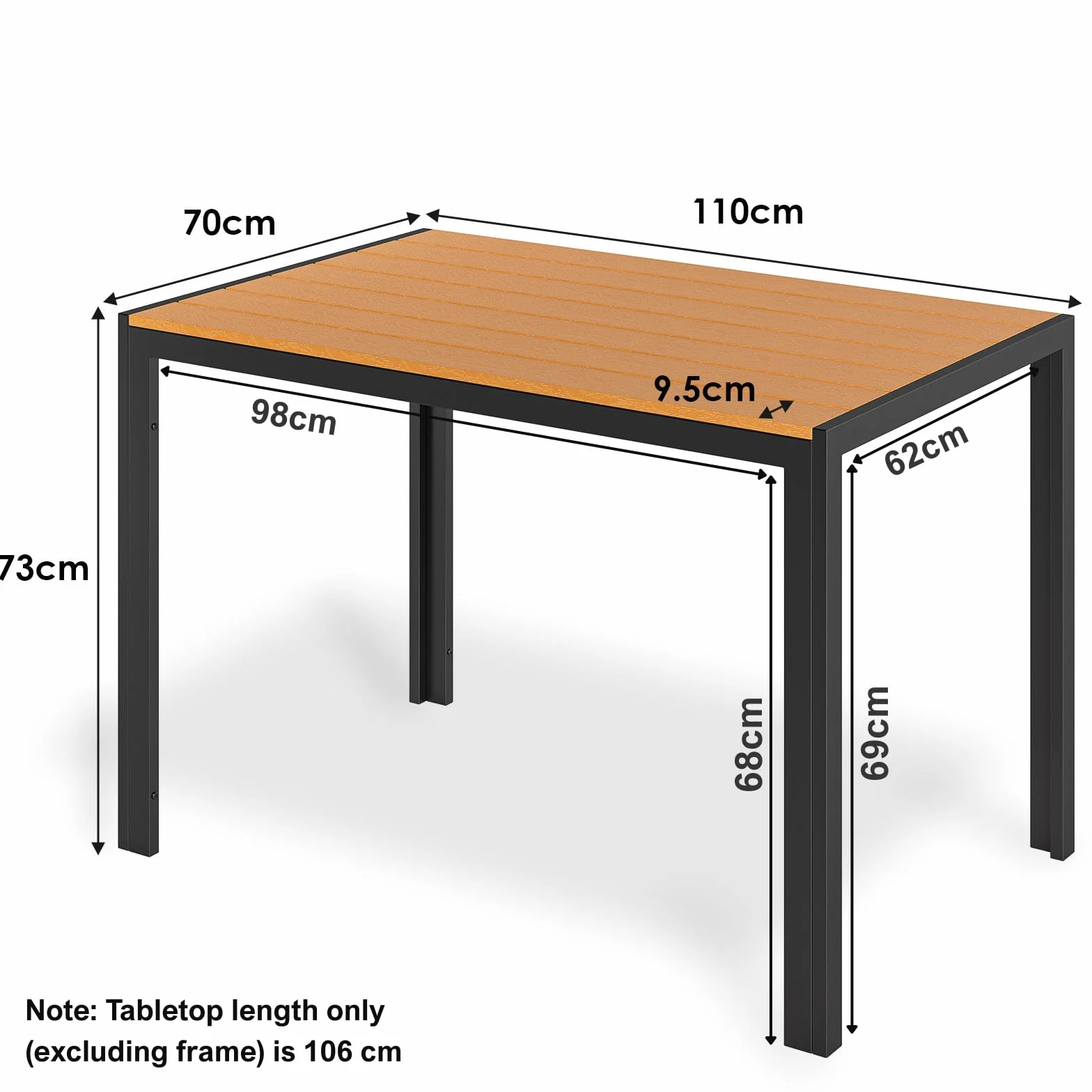LIFERUN Gartentisch Aluminium, 110x70cm WPC Balkontisch Wetterfest, Rechteckiger Terrassentisch, Rutschfester Esstisch Outdoor, Brettbreite 9cm, Teakbraun