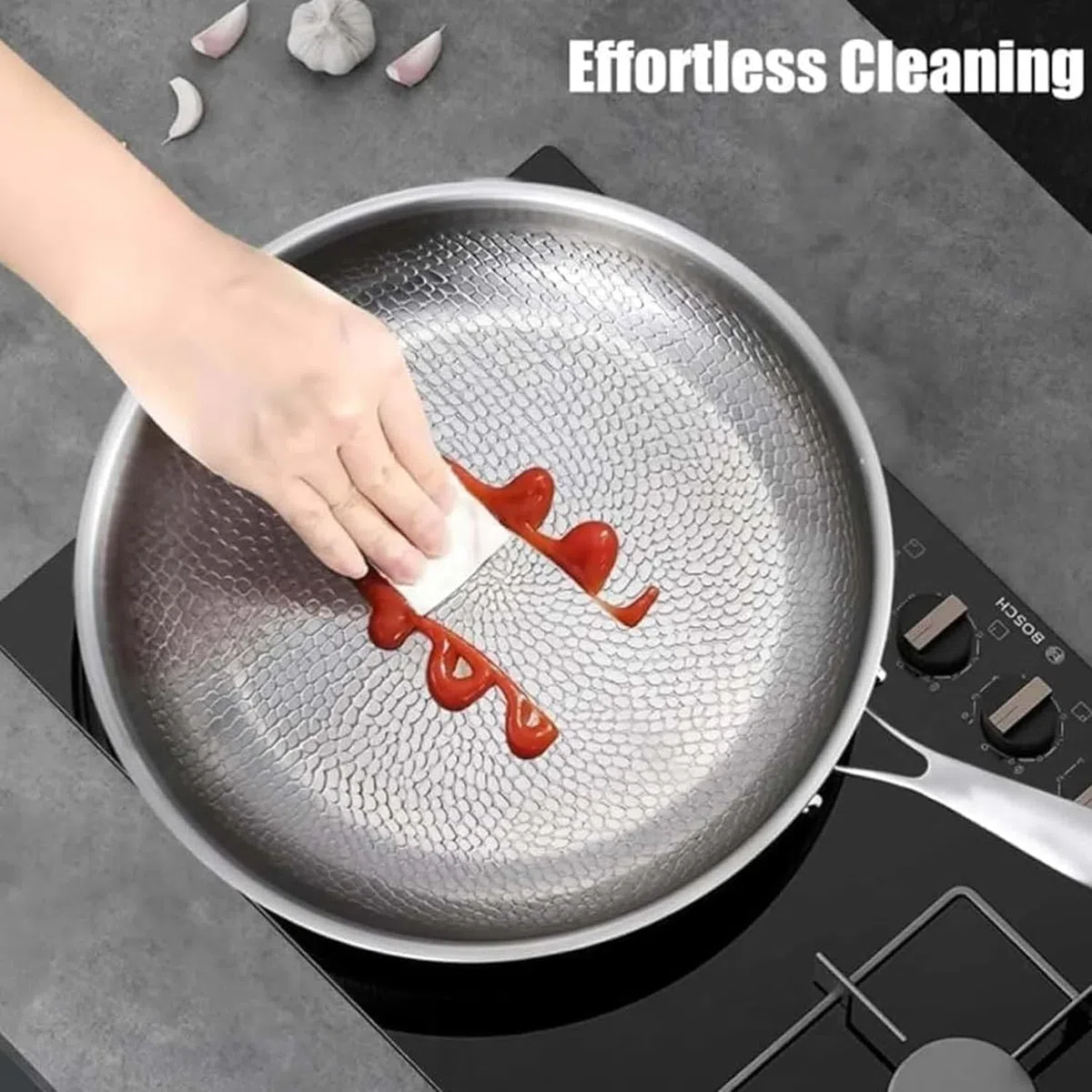 2026 Upgrade Titan Bratpfanne, 26/28/30cm Titan Pfanne Unbeschichtet with Lid, Non-Stick Hammered Wok Titanium Pan, Scratch-Resistant, Even Heating and Suitable for All Hobs (26+28+30CM)