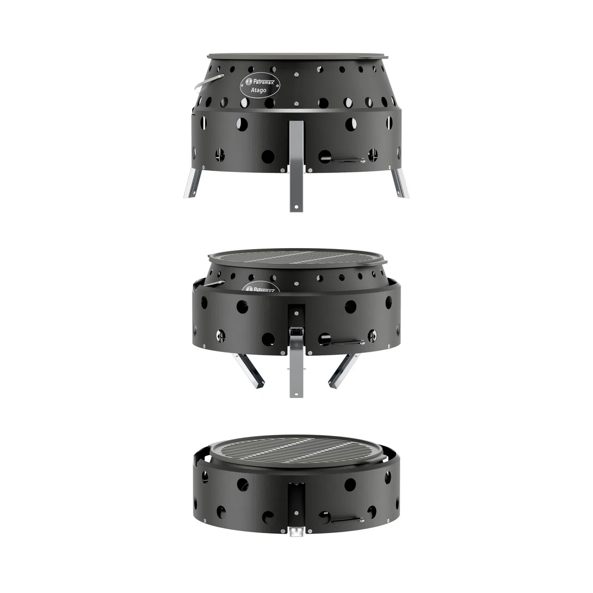 Petromax Atago Black Edition – 4-in-1 Mobiler Grill, Feuerschale, Ofen & Herd | In 2 Sek. einsatzbereit | Inkl. emailliertem Gussgrillrost | Klappbar & Ultramobil | Mattschwarz