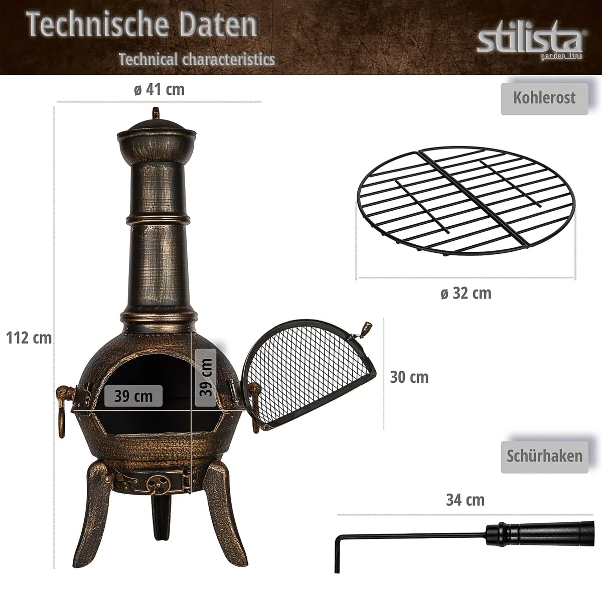 STILISTA Terrassenofen 112 cm aus Gusseisen mit Funkenschutz und Schürhaken, Antik Bronze