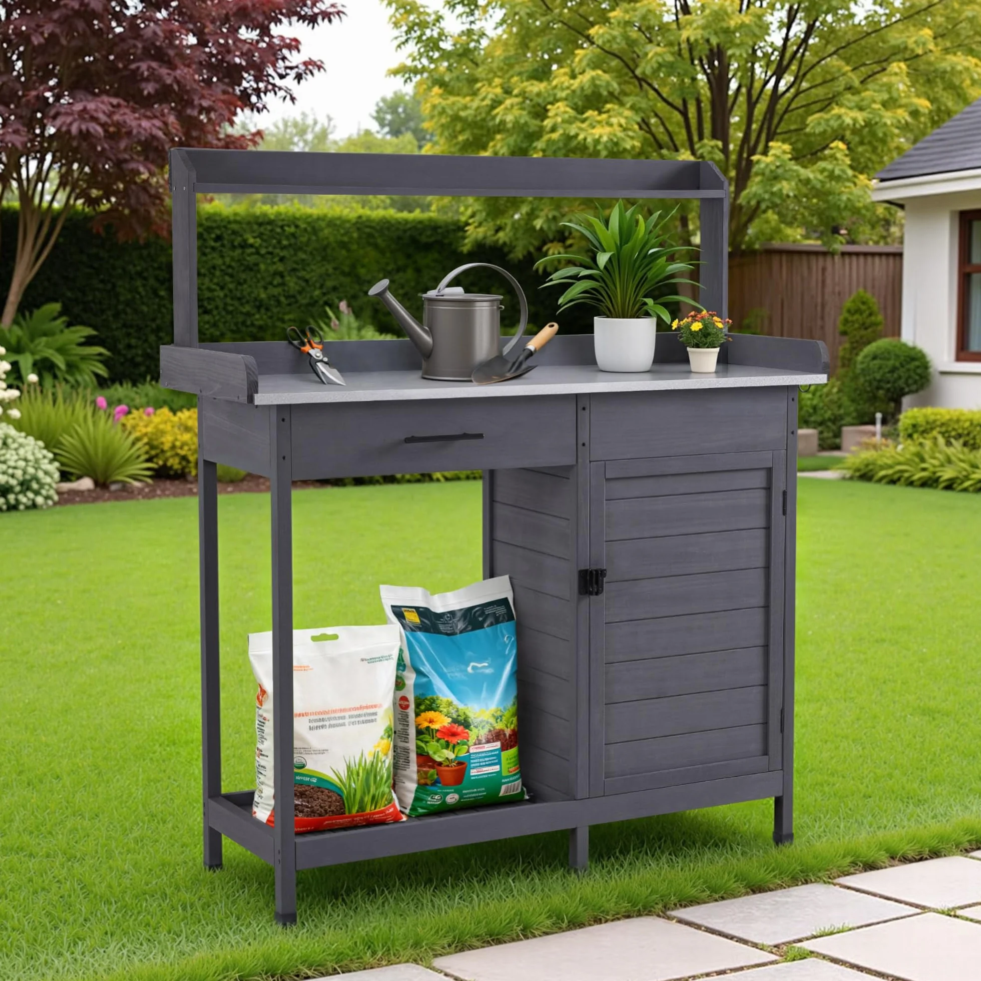M MCombo Pflanztisch mit Schublade, Ablage, Verzinkter Arbeitsplatte & Schrank, Gärtnertisch Wetterfest mit 3 Haken, Blumentisch Massivholz für Garten, Balkon & Terrasse, 48 x112 x 126 cm, 0440 (Grau)