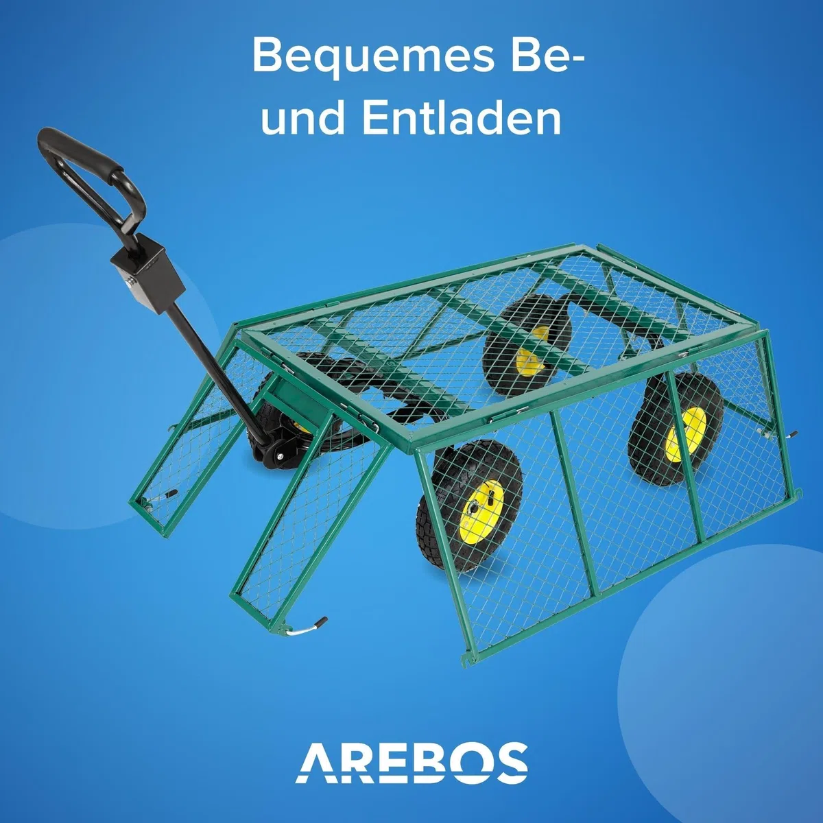 Arebos Bollerwagen | Gartenwagen | mit Profilreifen | 550kg belastbar | faltbar | grün | herausnehmbare Plane | kugelgelagerte Stahlfelgen | inkl. Handgriff & Deichsel | Plattformwagen