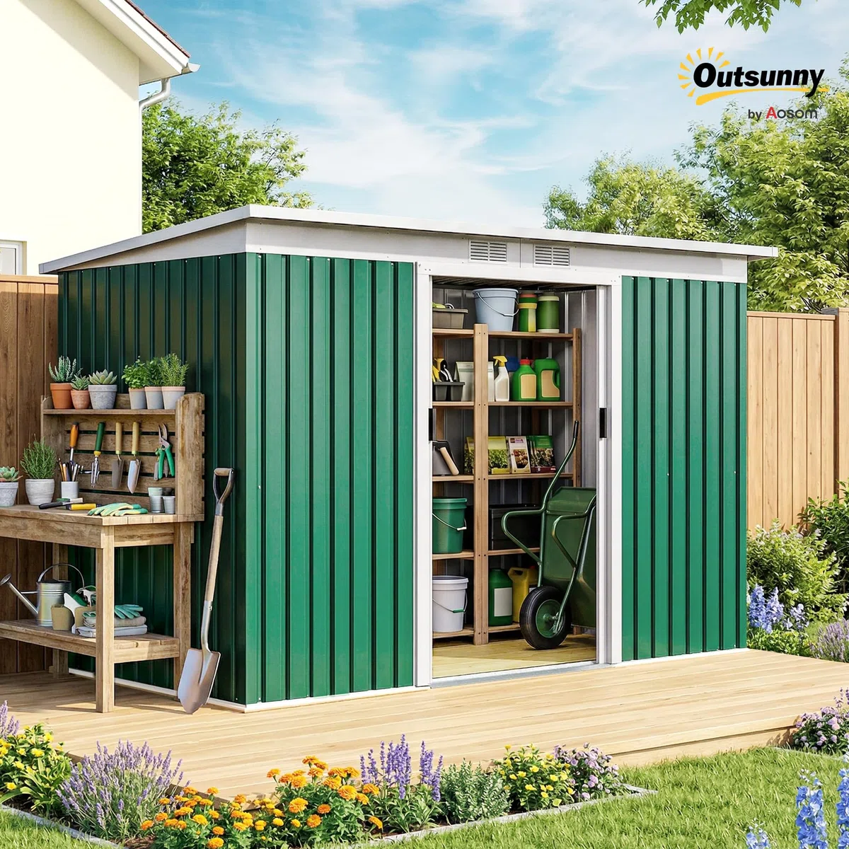 Outsunny Metall Gerätehaus 6,3m³ 280x130x172cm Geräteschuppen mit Pultdach Schiebetür wetterfest Gartenhaus Outdoor Garten Schuppen Schrank für Hinterhof Außenbereich Anthrazit, Dunkelgrün