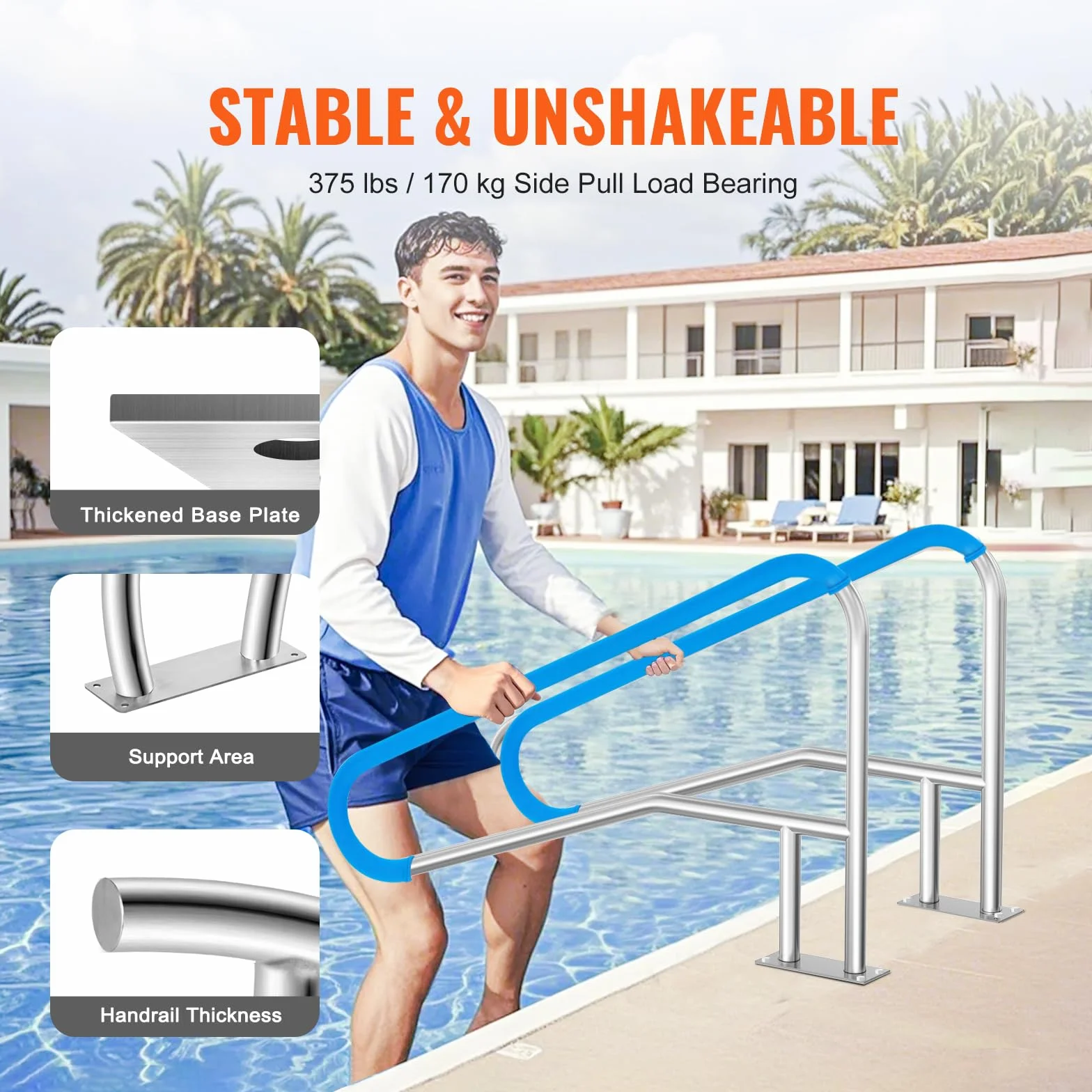 VEVOR Pool-Handlauf, 1395 x 810 x 100 mm Pooleinstieg Edelstahl mit Grundplatte für Innen-/Außenpools, Einstieghilfe für Decks, rostfreier Haltegriff mit Griffabdeckung und Zubehör für Spas