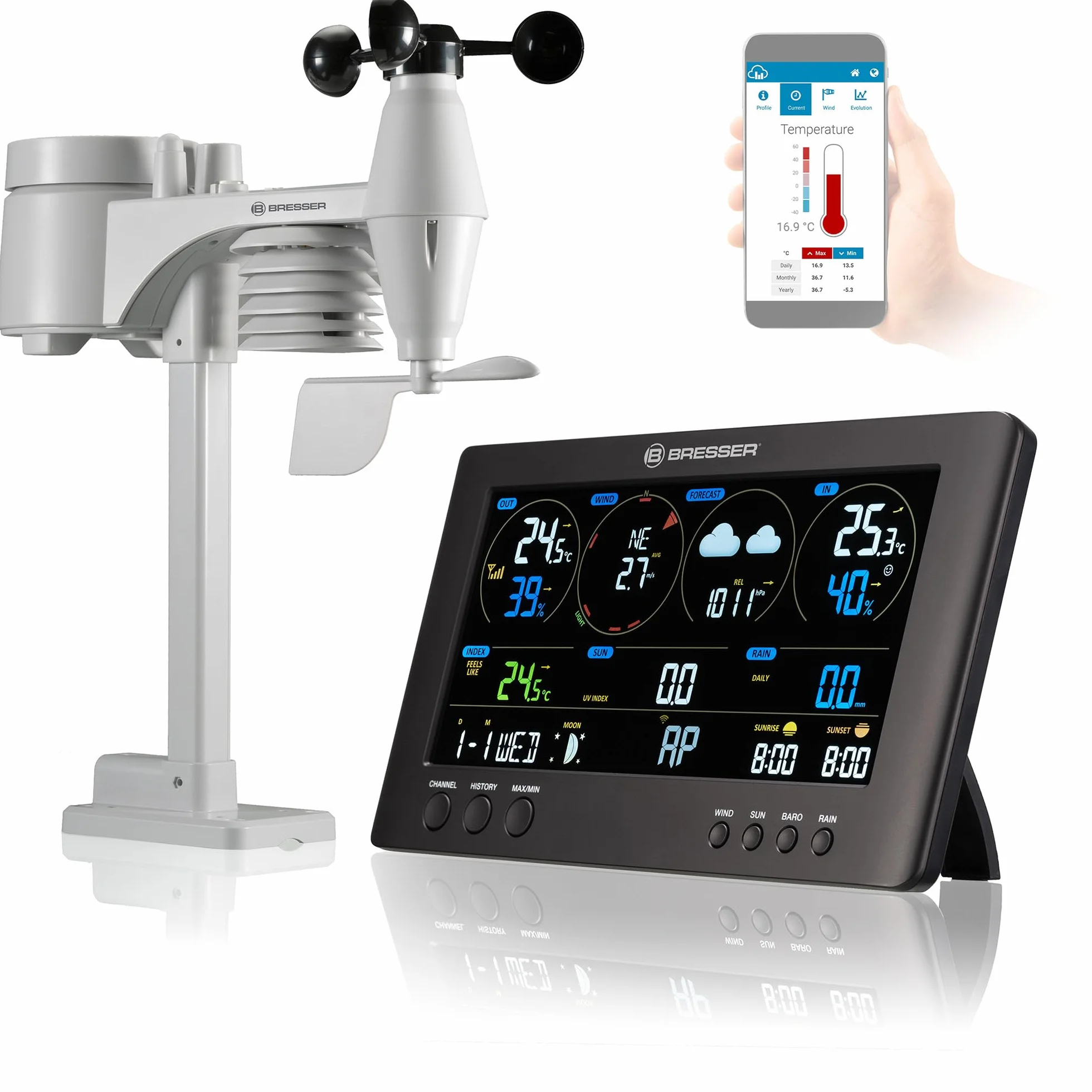 Bresser 7002586 Wetterstation Funk mit Aussensensor ClearView Wettercenter mit WLAN und 7-in-1 Profi-Sensor für Wind, Luftfeuchtigkeit, Temperatur, Niederschlag, UV-Level und Lichtintensität, Schwarz