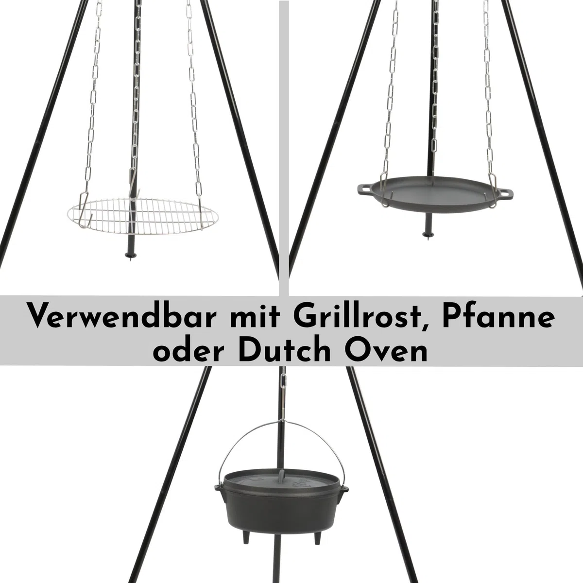 BBQ-Toro Dutch Oven Set 6-teilig mit Holzkiste | Schwarz | Rundes Gusseisen Kochgeschirr Set mit 6 QT, Pfanne, Grillrost, Untersetzer & Dreibein | Outdoor Kochset, Dreibein Kessel, Grillpfanne