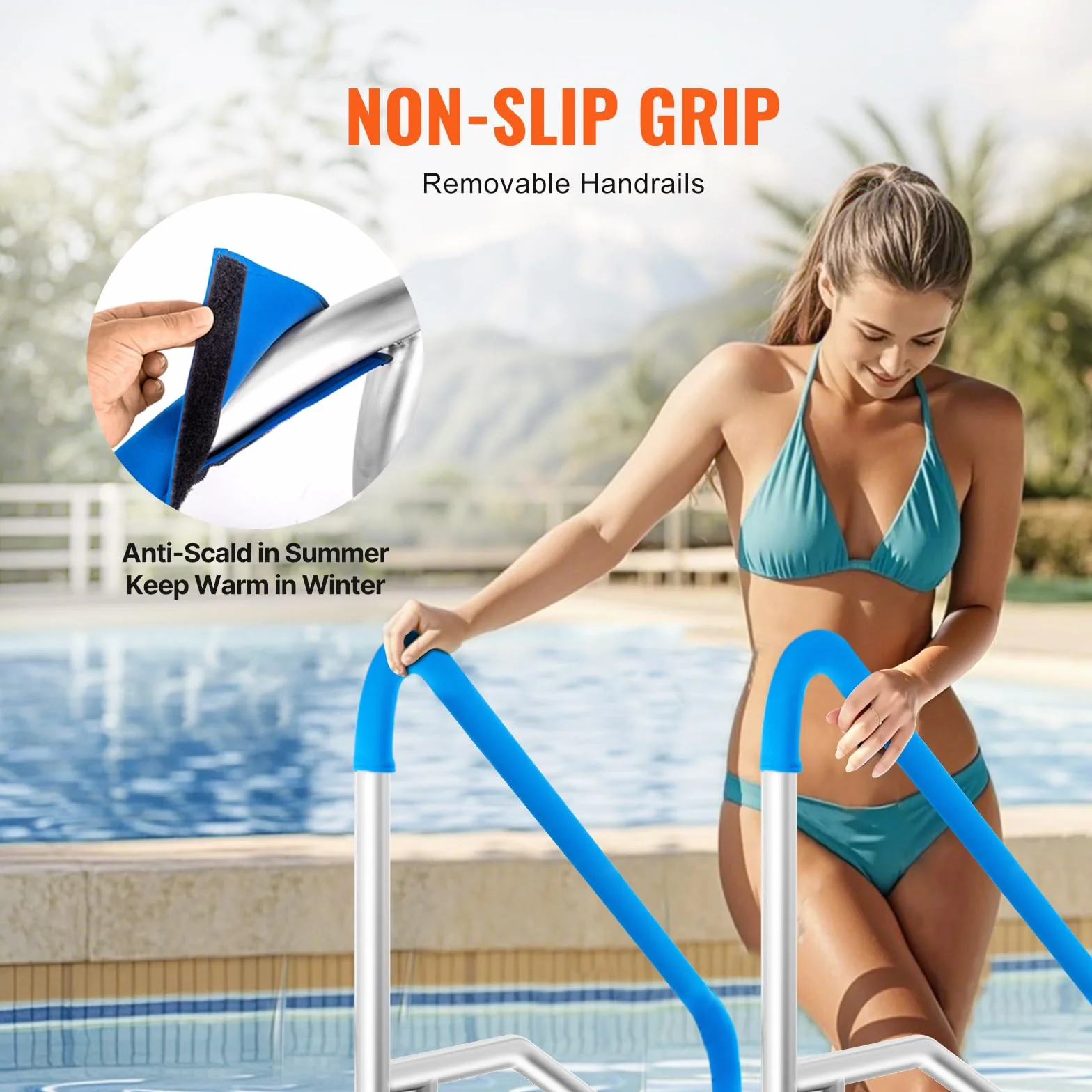 VEVOR Pool-Handlauf, 1395 x 810 x 100 mm Pooleinstieg Edelstahl mit Grundplatte für Innen-/Außenpools, Einstieghilfe für Decks, rostfreier Haltegriff mit Griffabdeckung und Zubehör für Spas