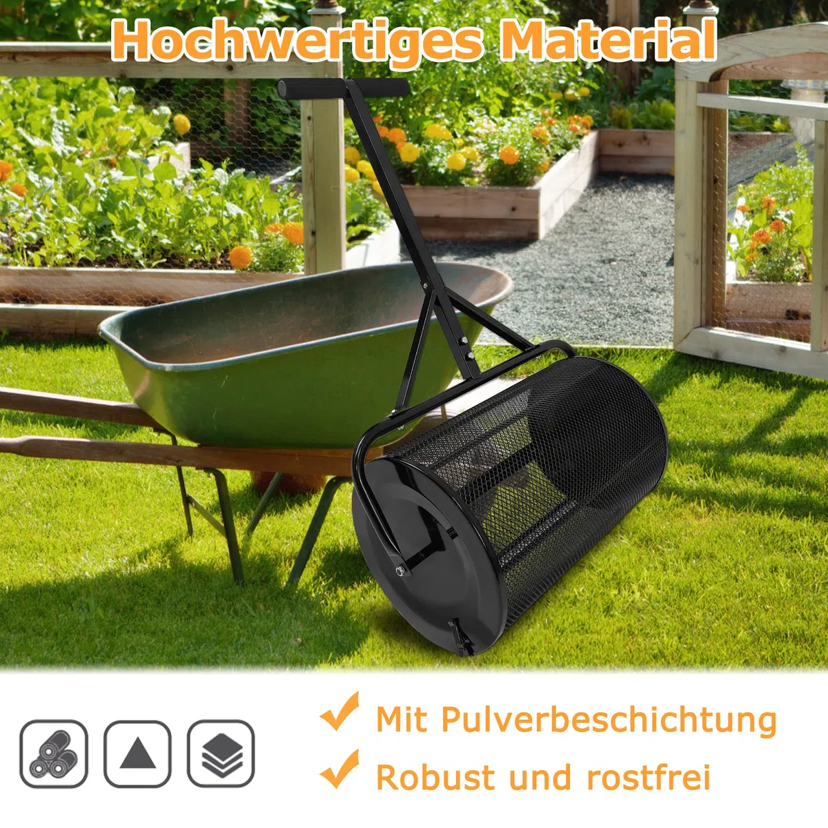 UISEBRT Kompoststreuer 80L Rasen- und Gartenstreuer mit Griff, 65cm Breit Kompost-Streuer und Torfmoos-Streuer mit Mesh-Korb Saatgutstreuer für Kompost Dünger Saat Torf, Schwarz