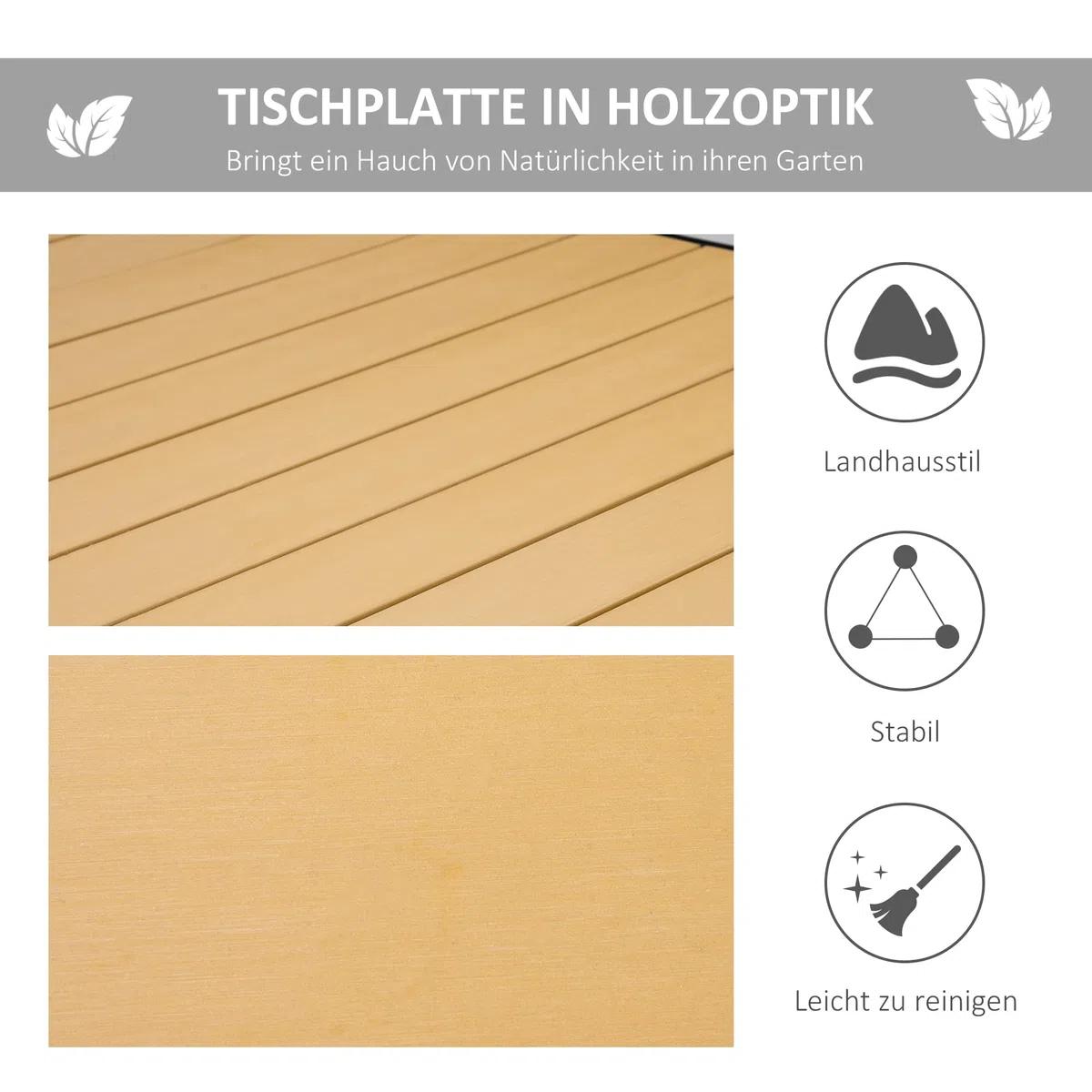 Outsunny Gartentisch für 6 Personen Esstisch Aluminiumtisch Gartenmöbel Loungemöbel pflegeleicht Kunststoff Natur+Schwarz 190 x 90 x 74 cm