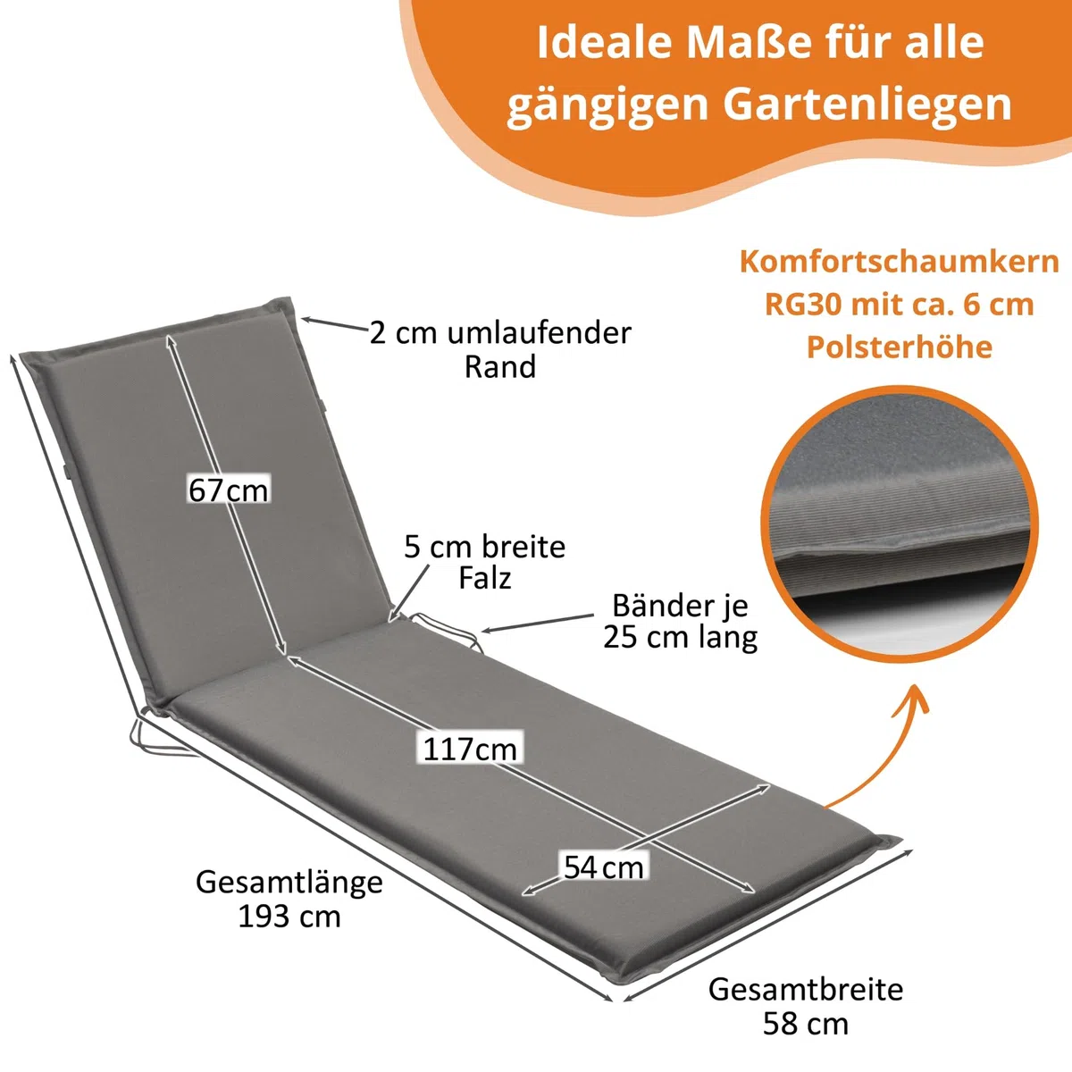 sleepling Auflage Gartenliege 2er Set, Bequeme Liegenauflage, Polster Sonnenliege 190x58 cm, 6 cm dick, Befestigungsbänder, waschbar, anthrazit grau